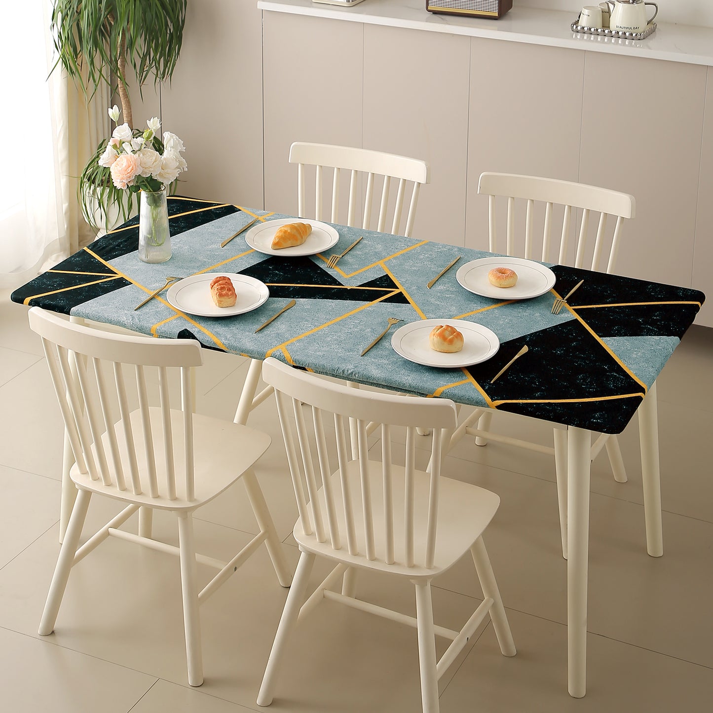 Printed Stretch Fit Water-Repellent & Anti-Slip Table Cloth Cover for 4 Seater / 6 Seater, Multicolor Abstract Geometry