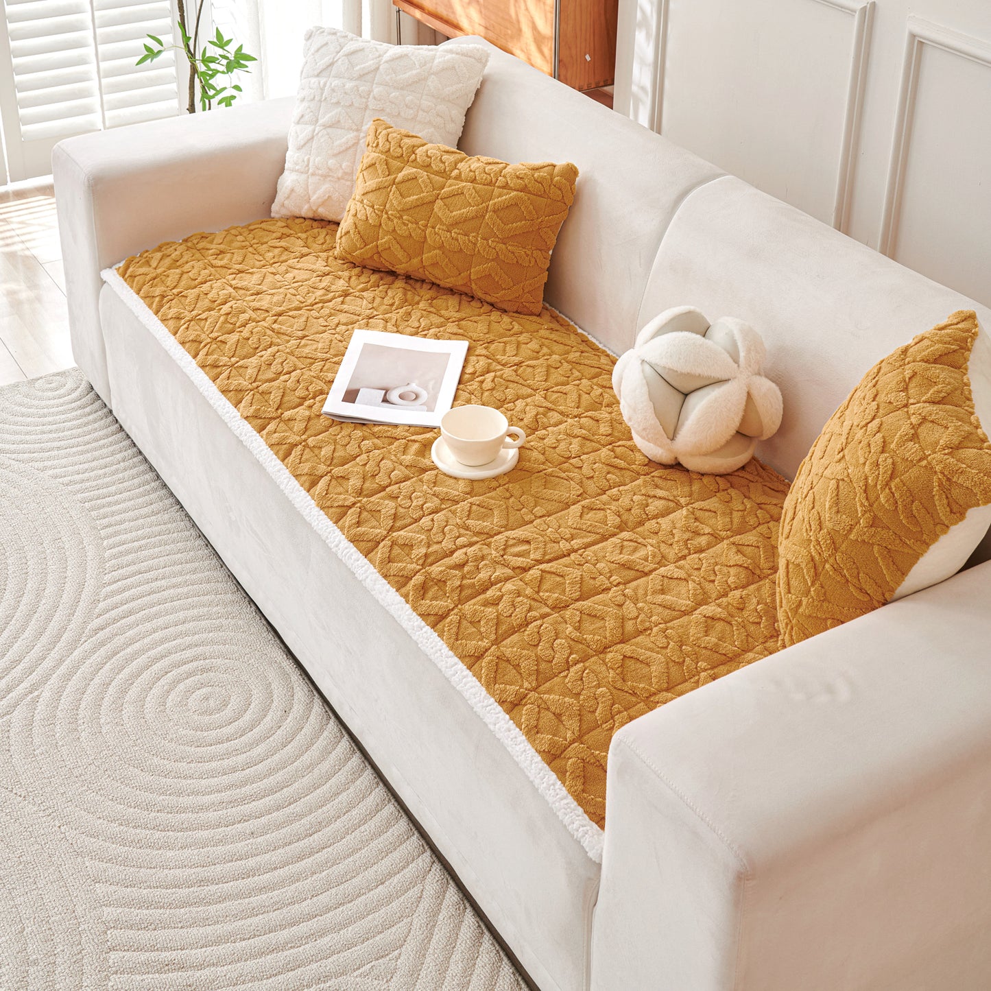 'Italian Caelora' Luxury Jacquard Plush Sofa Cover Mat and Anti-Slip Armrest Covers - Honey Yellow