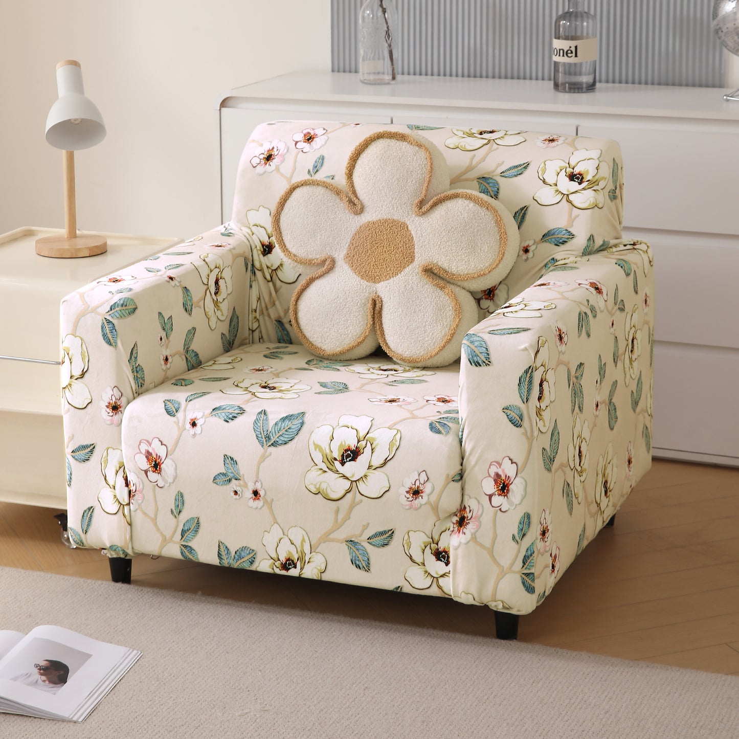 Premium Printed Velvet Sofa Cover 1/2/3 Seaters Fully Covered, Buttercream Magnolia Whisper