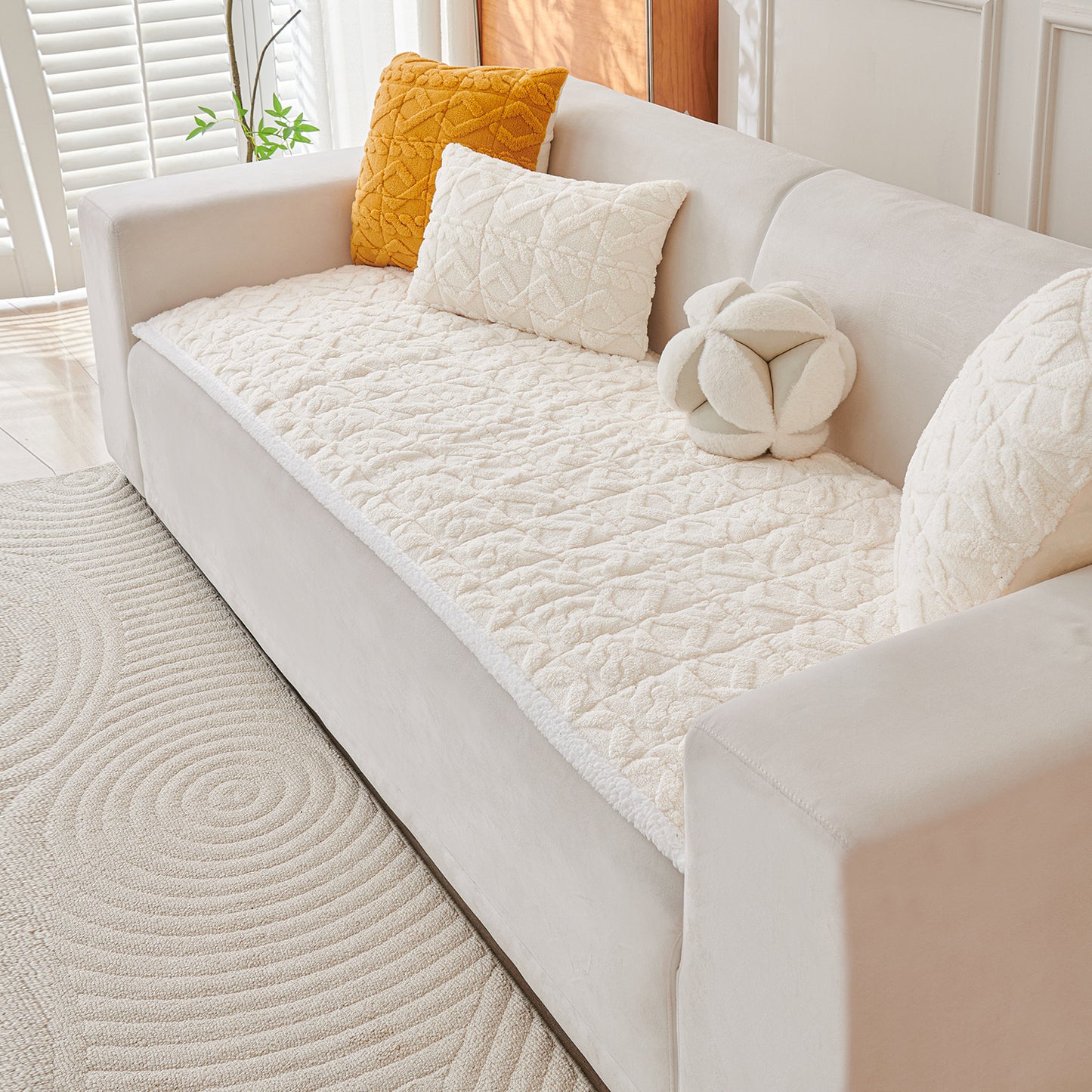 'Italian Caelora' Luxury Jacquard Plush Sofa Cover Mat and Anti-Slip Armrest Covers - Pearl Whit