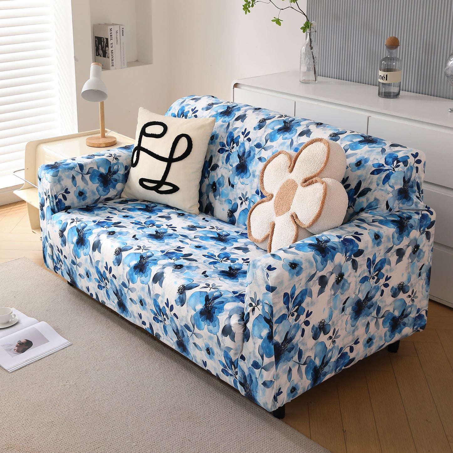 Premium Printed Velvet Sofa Cover 1/2/3 Seaters Fully Covered, Blue Azure Botanical
