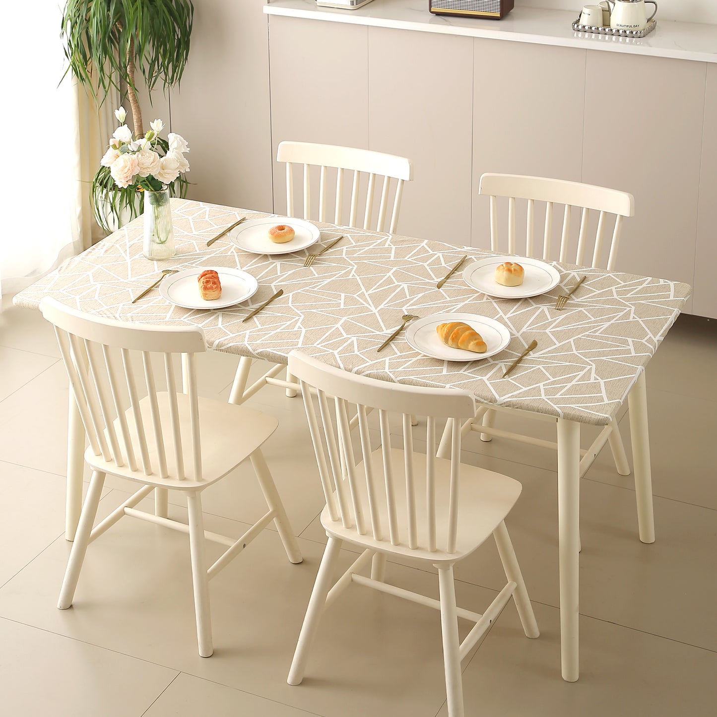Printed Stretch Fit Water-Repellent & Anti-Slip Table Cloth Cover for 4 Seater / 6 Seater, Beige Abstract Geometry