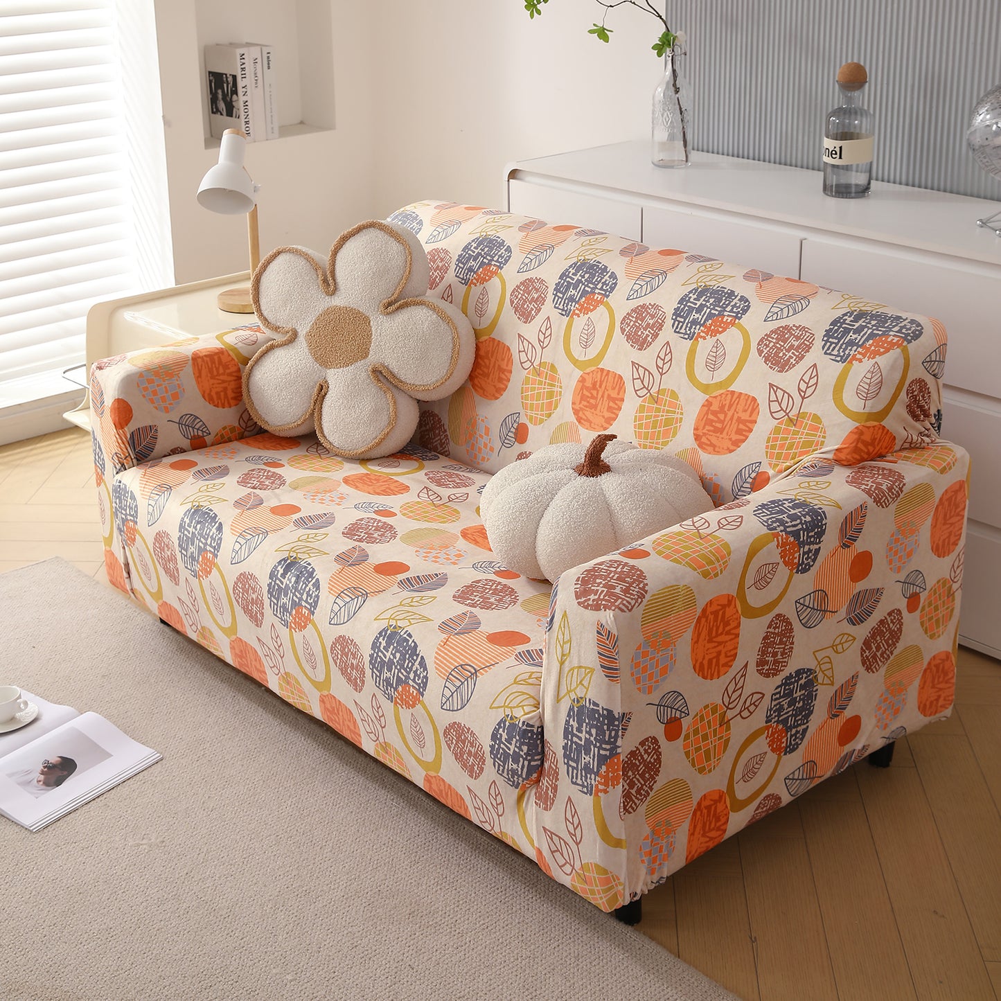 Premium Printed Velvet Sofa Cover 1/2/3 Seaters Fully Covered, Coral Autumn Leaves