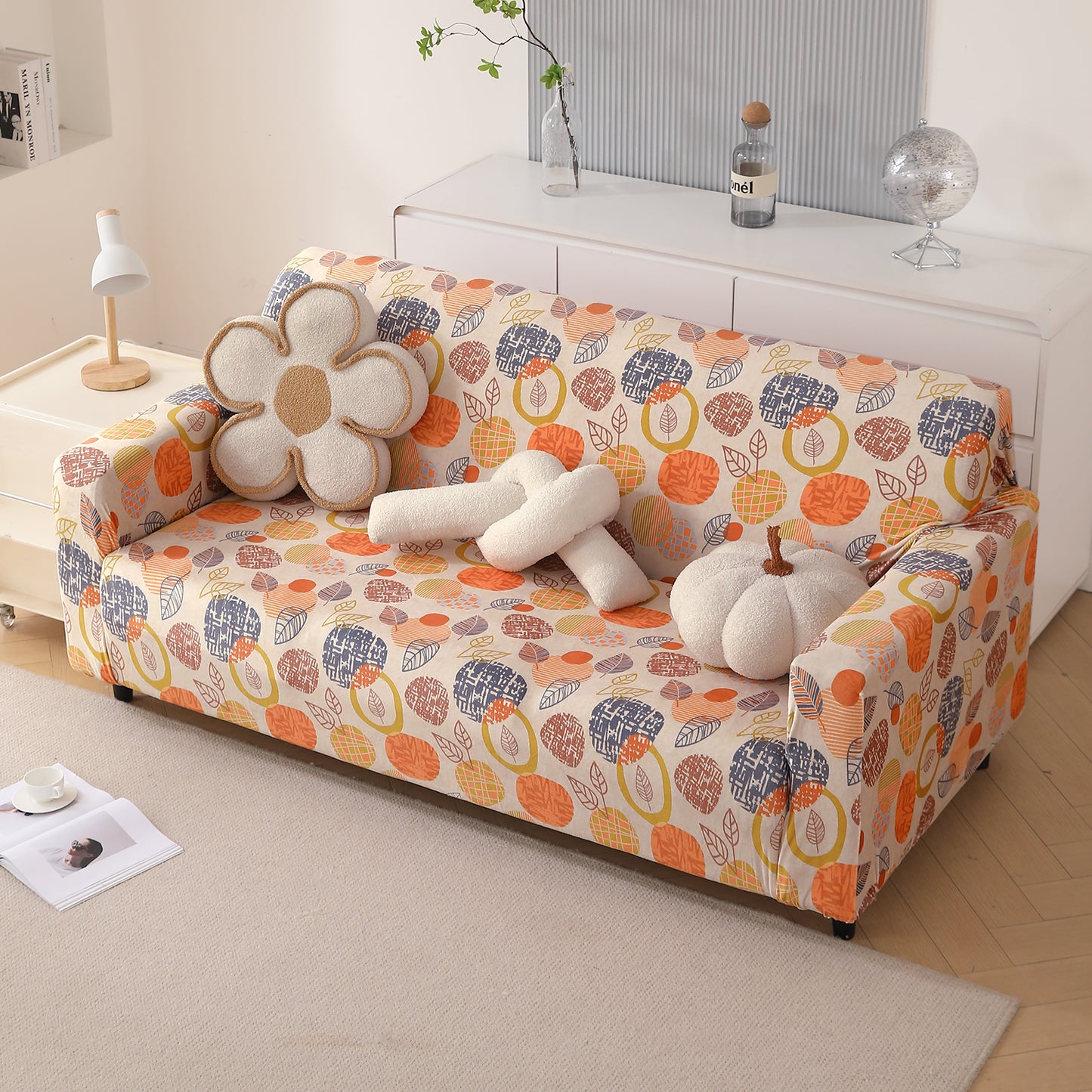 Premium Printed Velvet Sofa Cover 1/2/3 Seaters Fully Covered, Coral Autumn Leaves