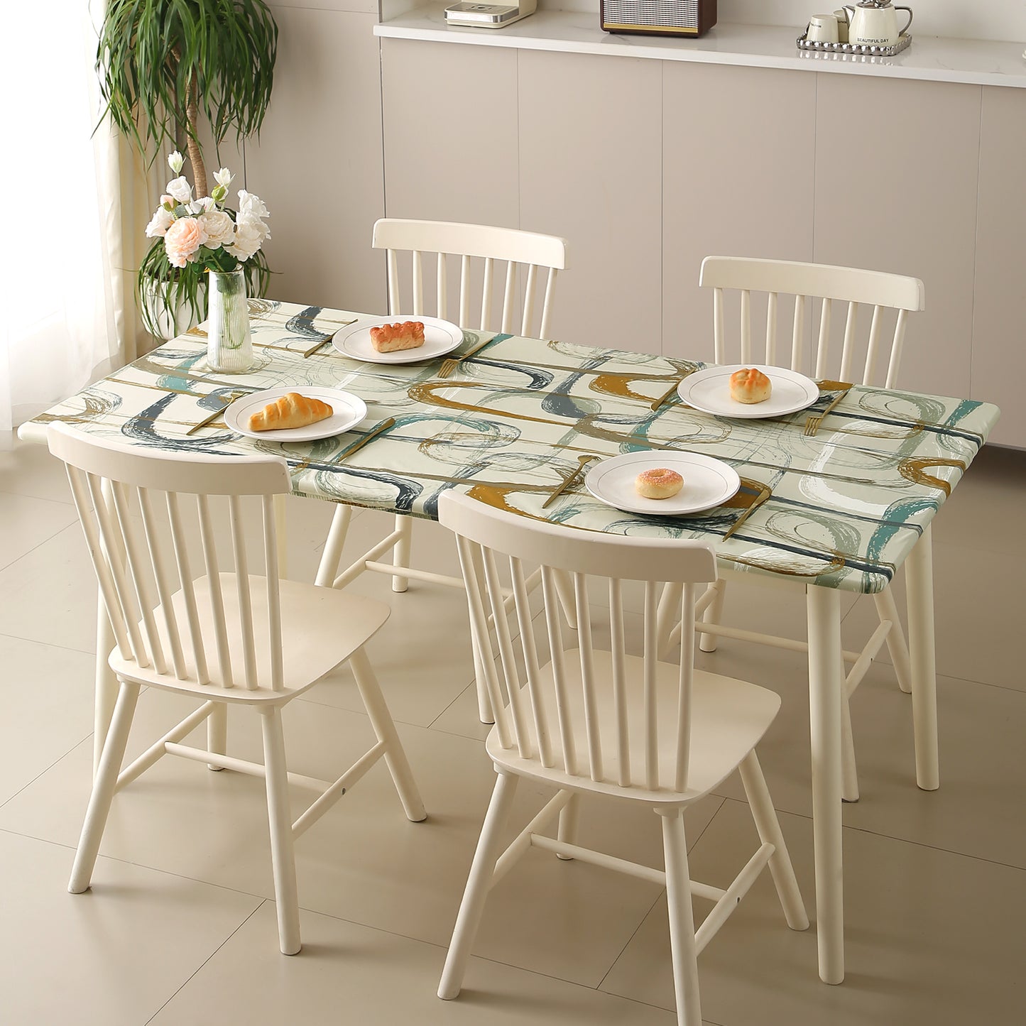 Printed Stretch Fit Water-Repellent & Anti-Slip Table Cloth Cover for 4 Seater / 6 Seater, Parchement Beige Abstract Art