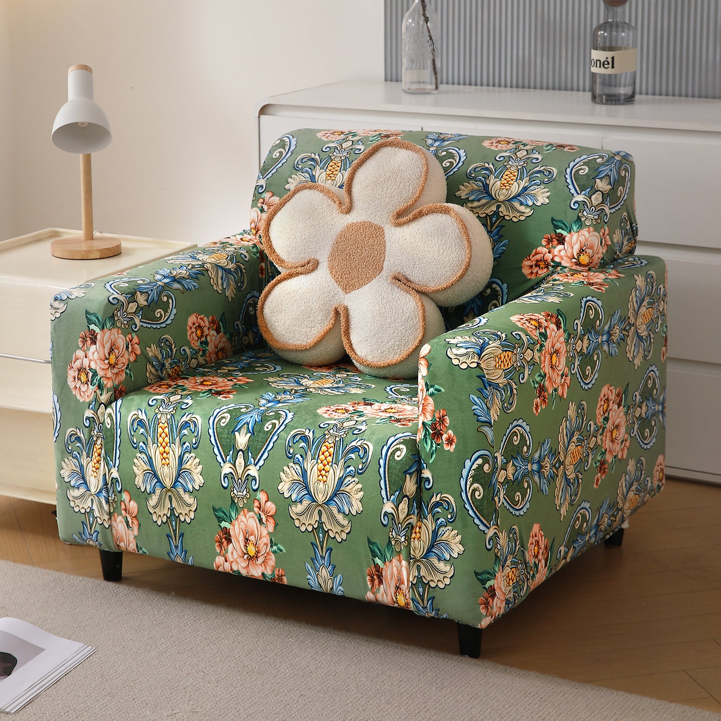 Premium Printed Velvet Sofa Cover 1/2/3 Seaters Fully Covered, Green Victorian Garden