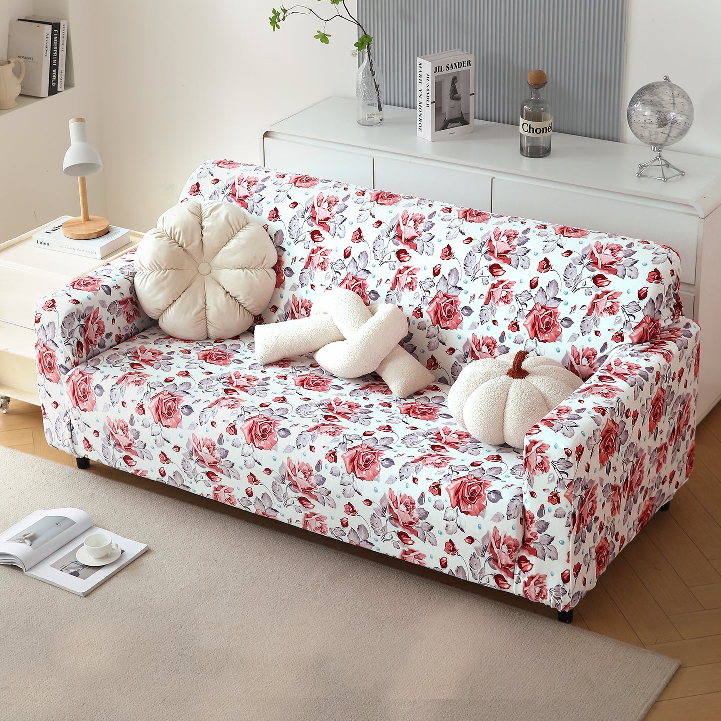 Premium Printed Velvet Sofa Cover 1/2/3 Seaters Fully Covered, Red Cottage Rose