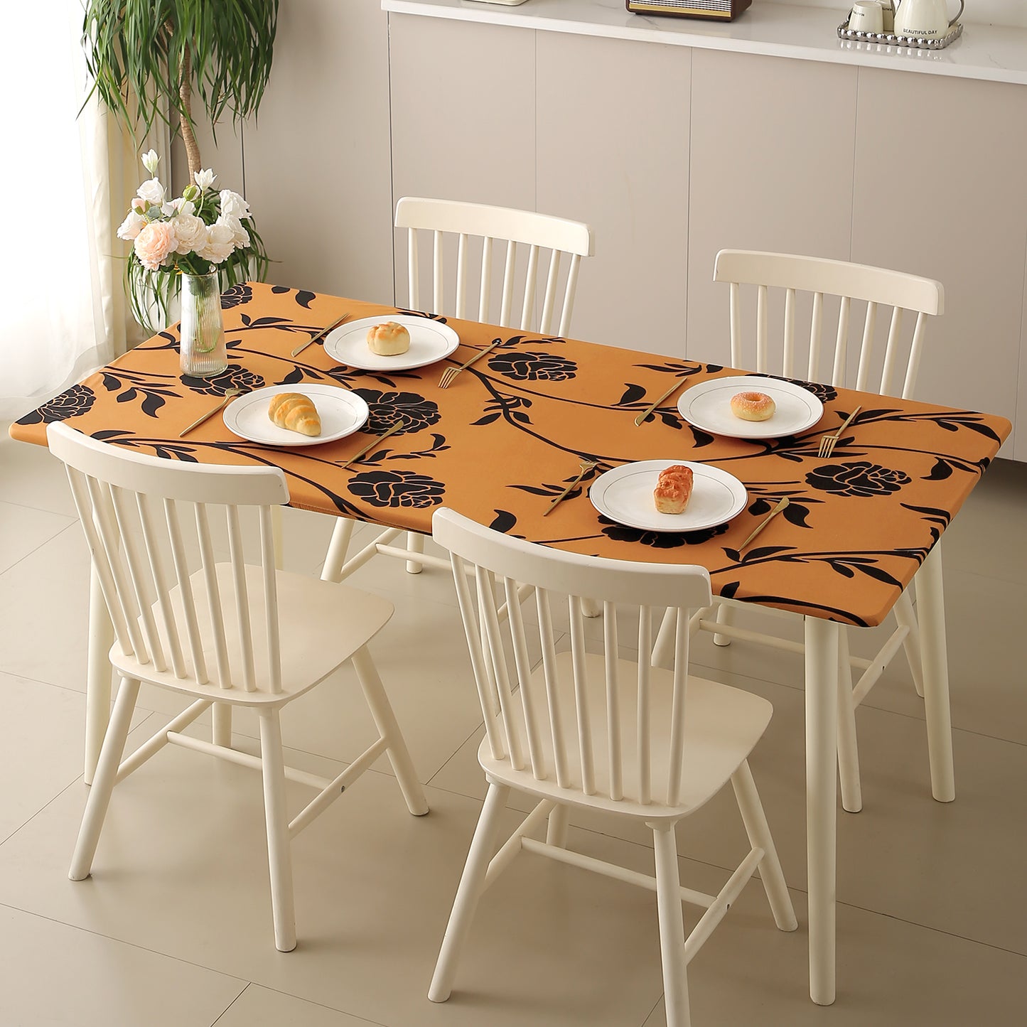 Printed Stretch Fit Water-Repellent & Anti-Slip Table Cloth Cover for 4 Seater / 6 Seater, Copper Brown Floral
