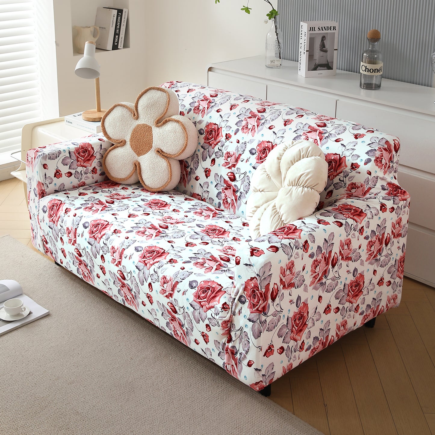 Premium Printed Velvet Sofa Cover 1/2/3 Seaters Fully Covered, Red Cottage Rose