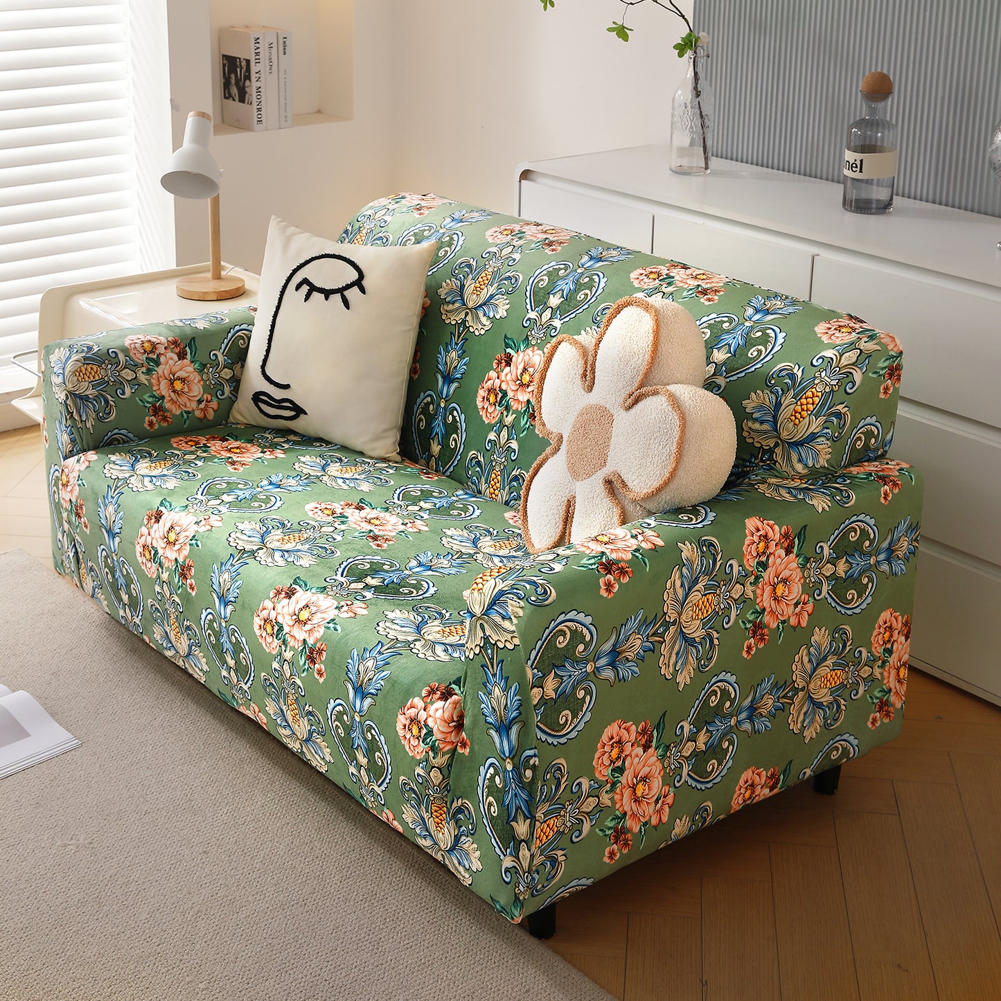 Premium Printed Velvet Sofa Cover 1/2/3 Seaters Fully Covered, Green Victorian Garden