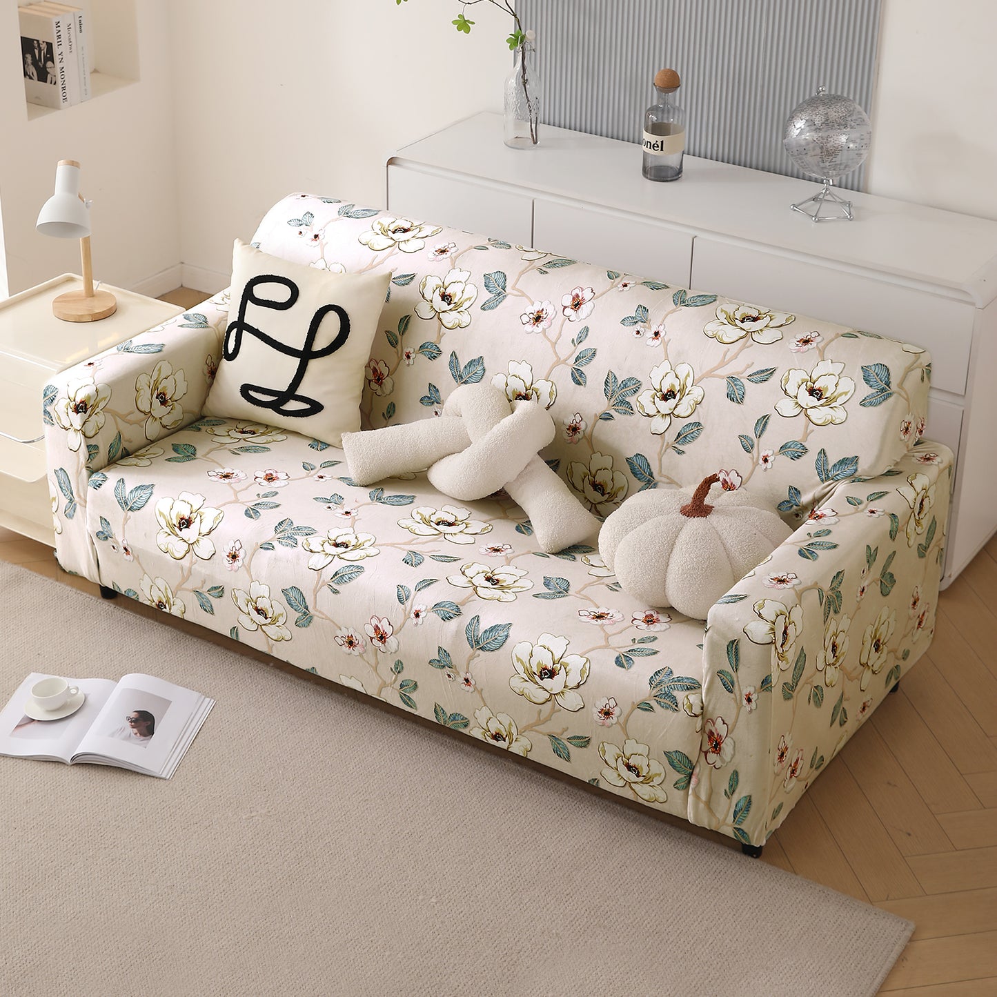 Premium Printed Velvet Sofa Cover 1/2/3 Seaters Fully Covered, Buttercream Magnolia Whisper