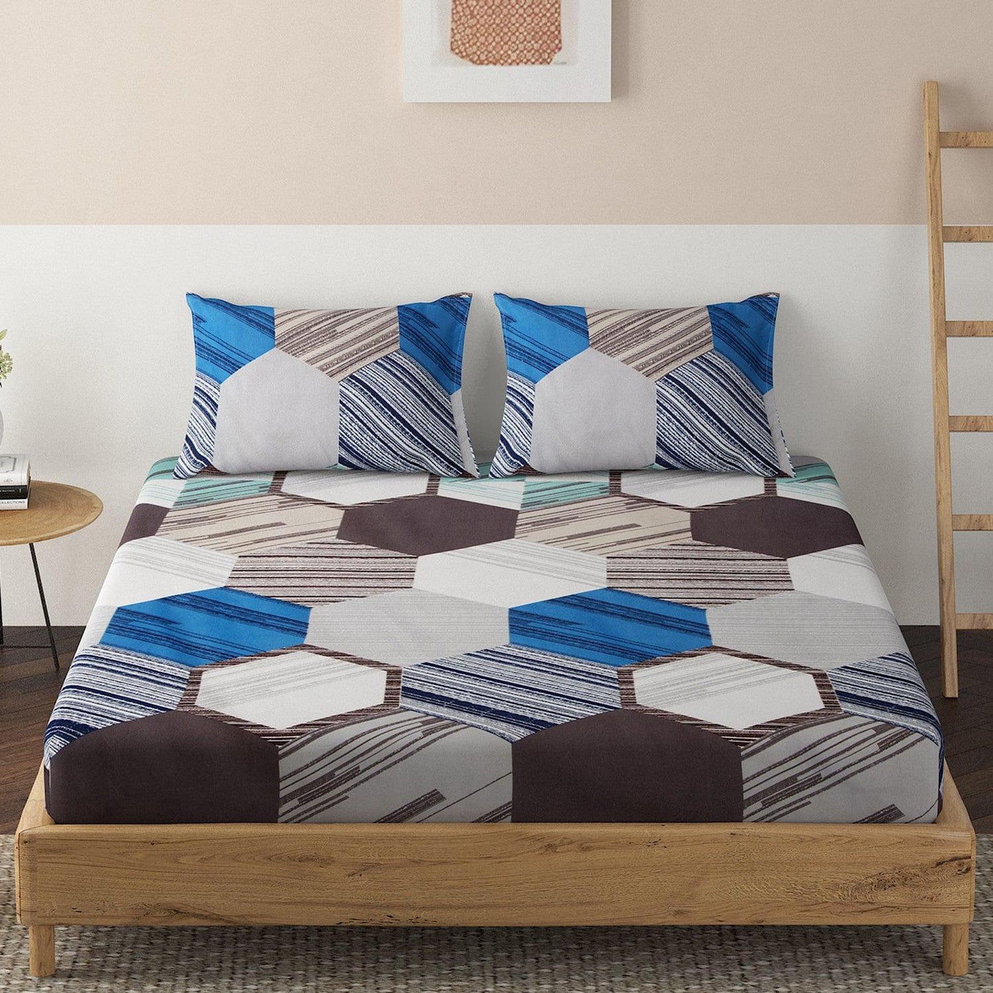 140 GSM Microfiber Fitted Bedsheet with 2 Pillow Covers for Queen / King Size bed, Pangong Blue Hexa Fusion - HOKIPO | Har Ghar ka Humsafar