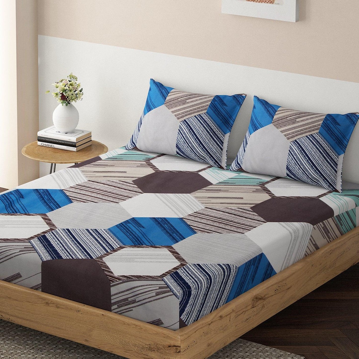 140 GSM Microfiber Fitted Bedsheet with 2 Pillow Covers for Queen / King Size bed, Pangong Blue Hexa Fusion - HOKIPO | Har Ghar ka Humsafar