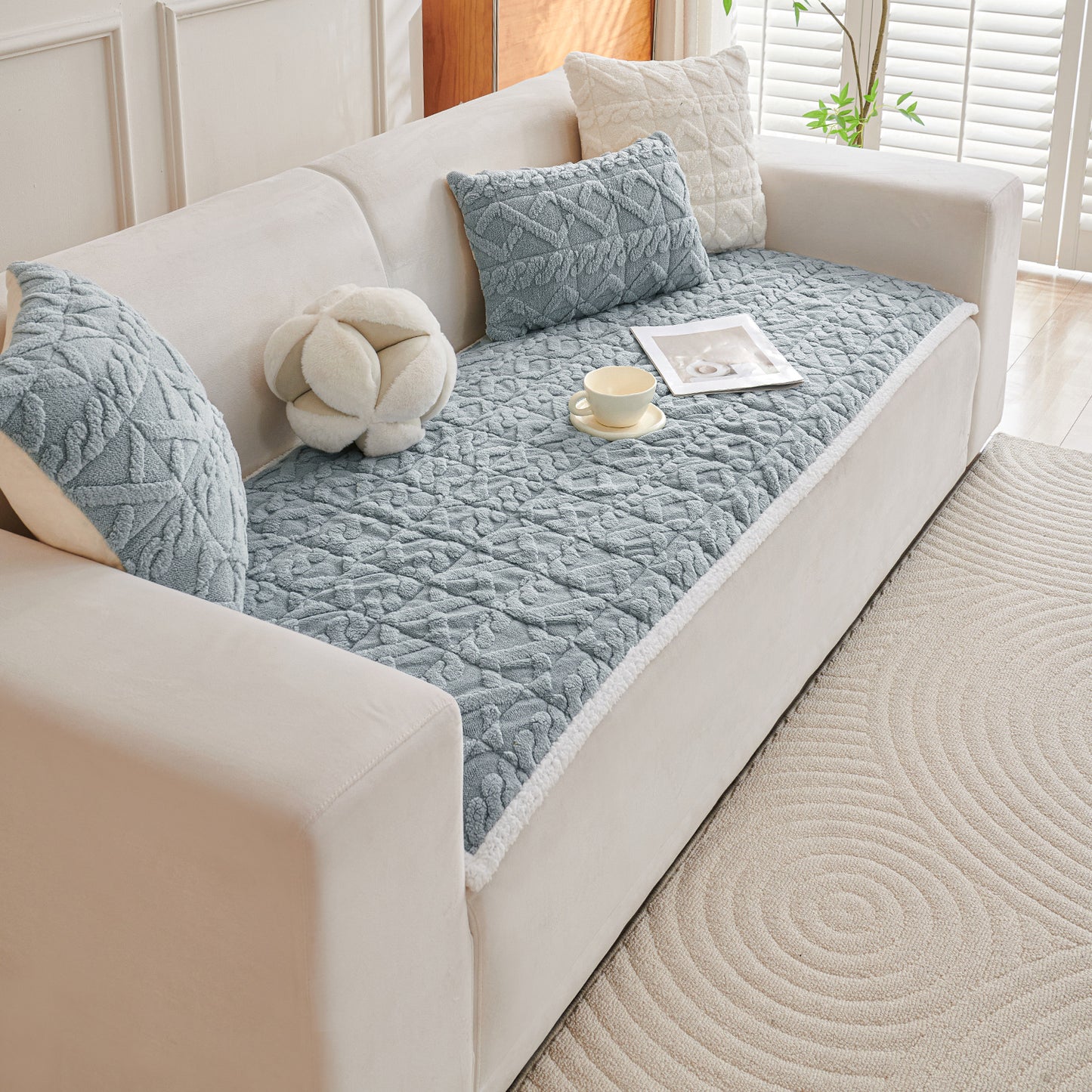'Italian Caelora' Luxury Jacquard Plush Sofa Cover Mat and Anti-Slip Armrest Covers - Powder Blue