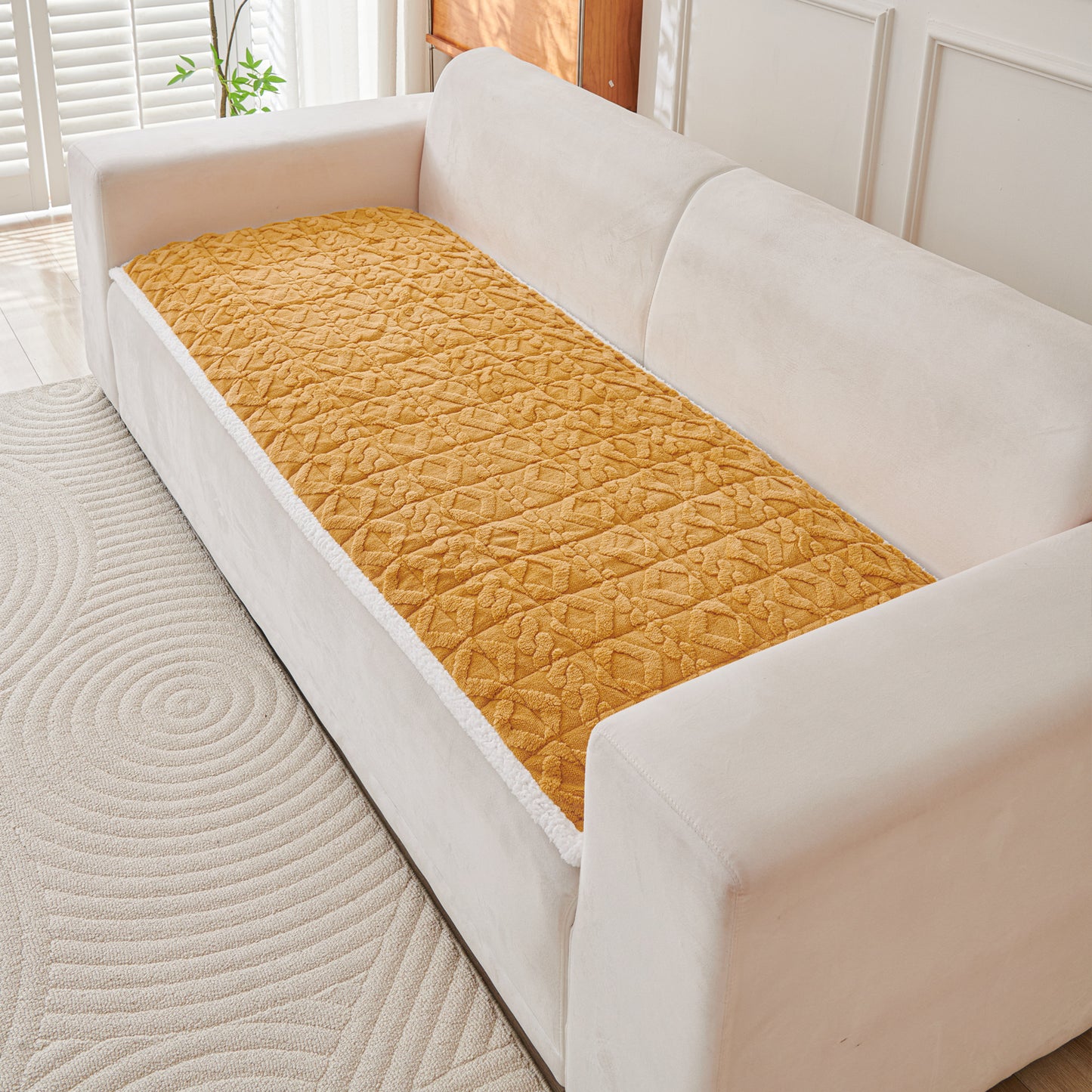 'Italian Caelora' Luxury Jacquard Plush Sofa Cover Mat and Anti-Slip Armrest Covers - Honey Yellow