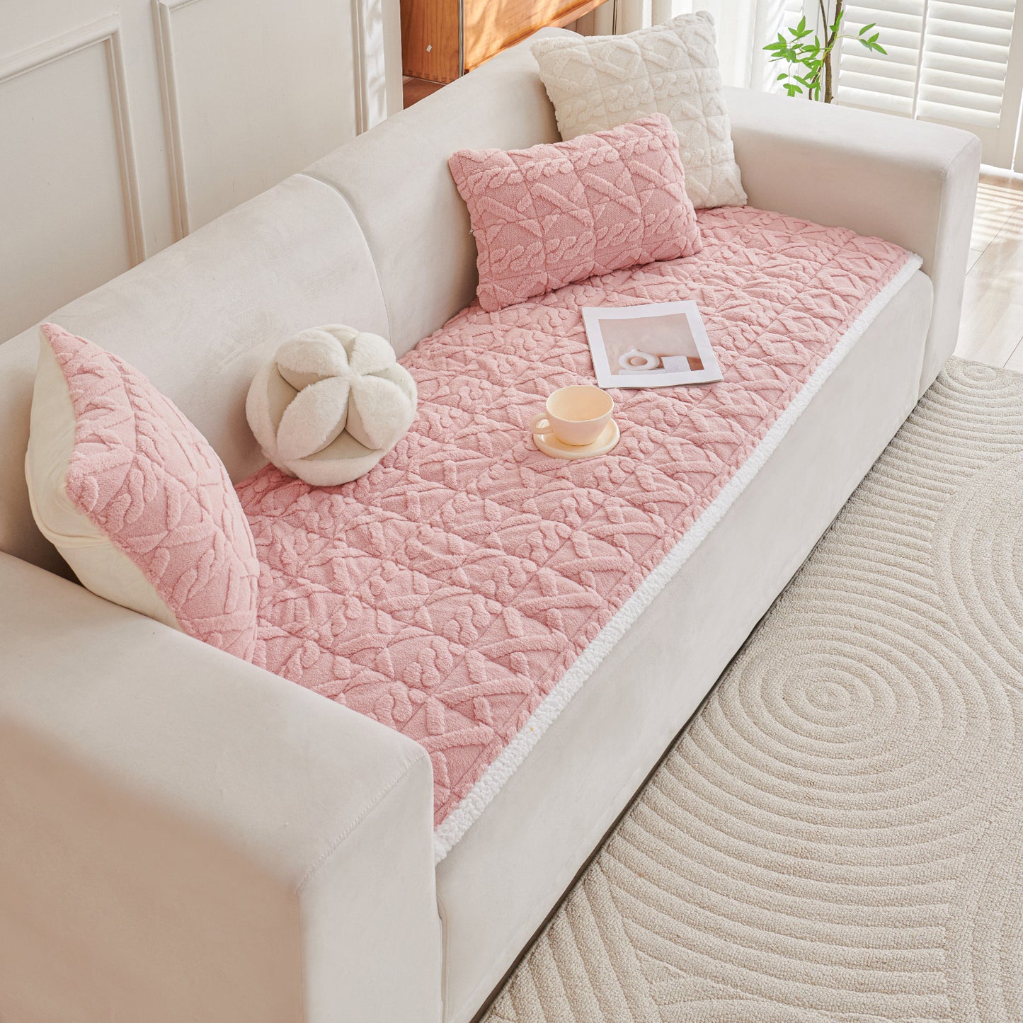 'Italian Caelora' Luxury Jacquard Plush Sofa Cover Mat and Anti-Slip Armrest Covers - Misty Rose