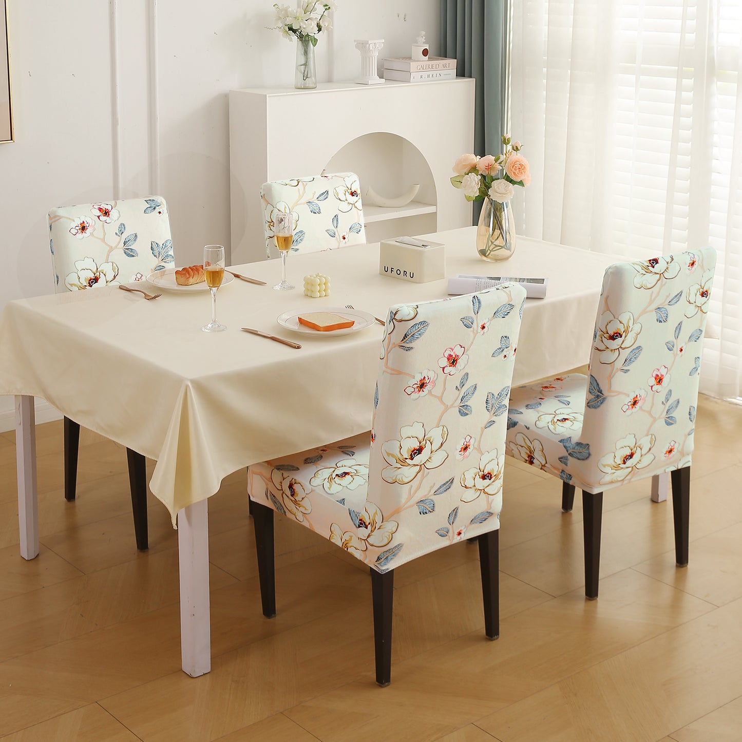 Premium Printed Velvet Dining Chair Cover Set, Buttercream Magnolia Whisper
