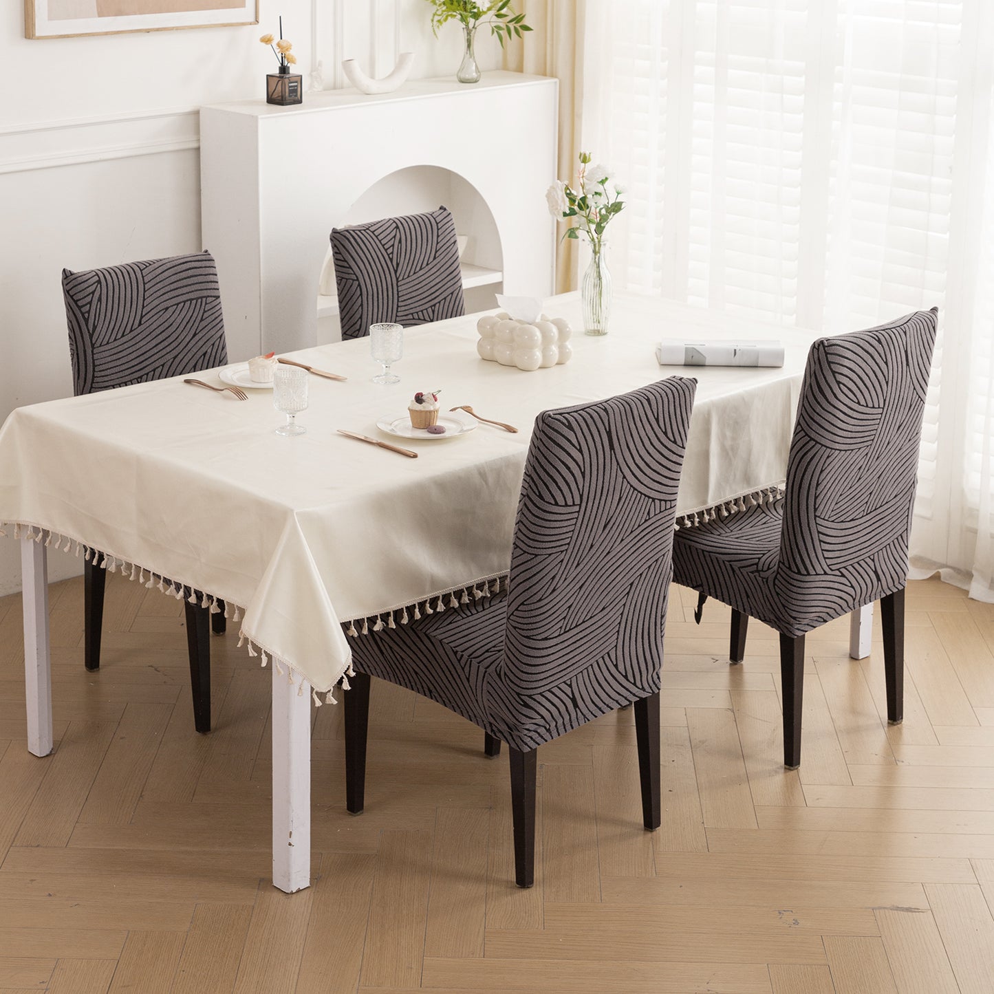 WaveLine Series 180 GSM Jacquard Chair Cover Set of 1/2/4/6, Charcoal Grey
