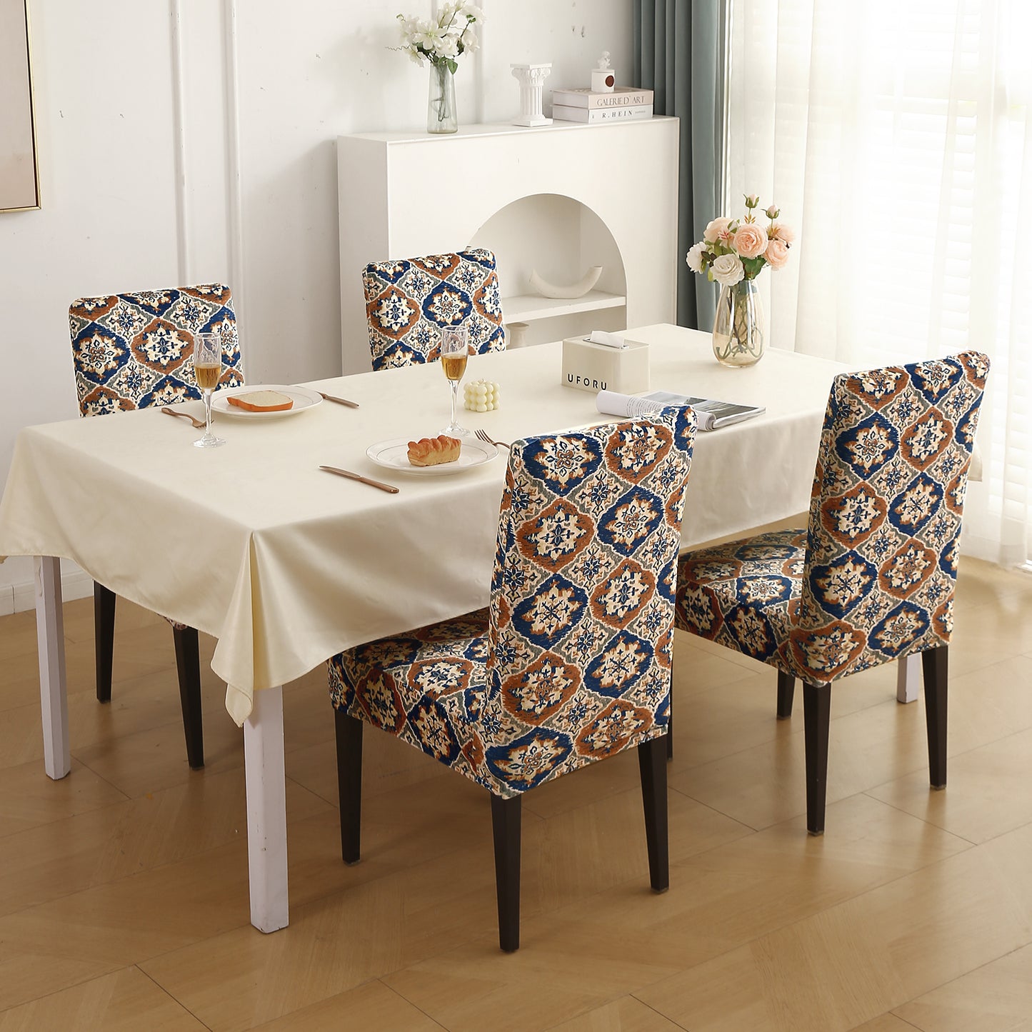 Premium Printed Velvet Dining Chair Cover Set, Indigo Moroccan Charm