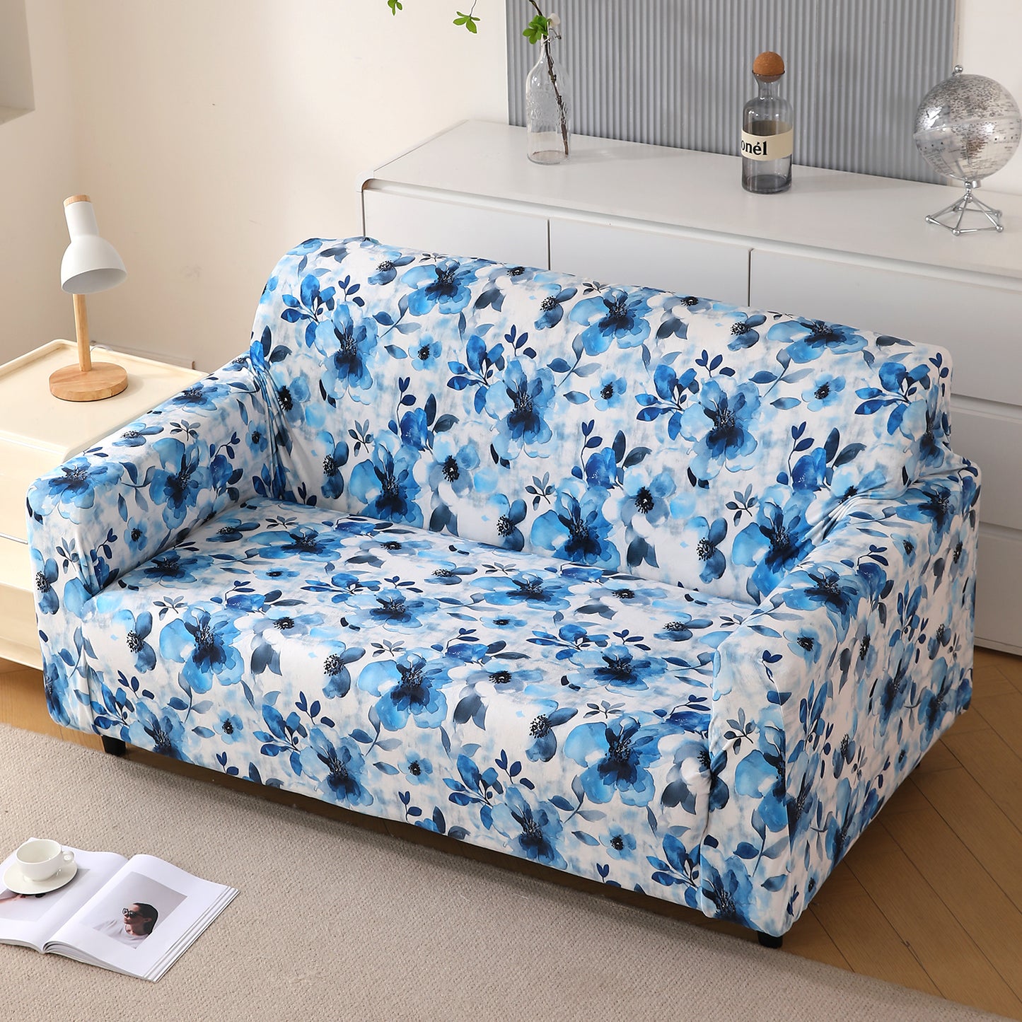 Premium Printed Velvet Sofa Cover 1/2/3 Seaters Fully Covered, Blue Azure Botanical