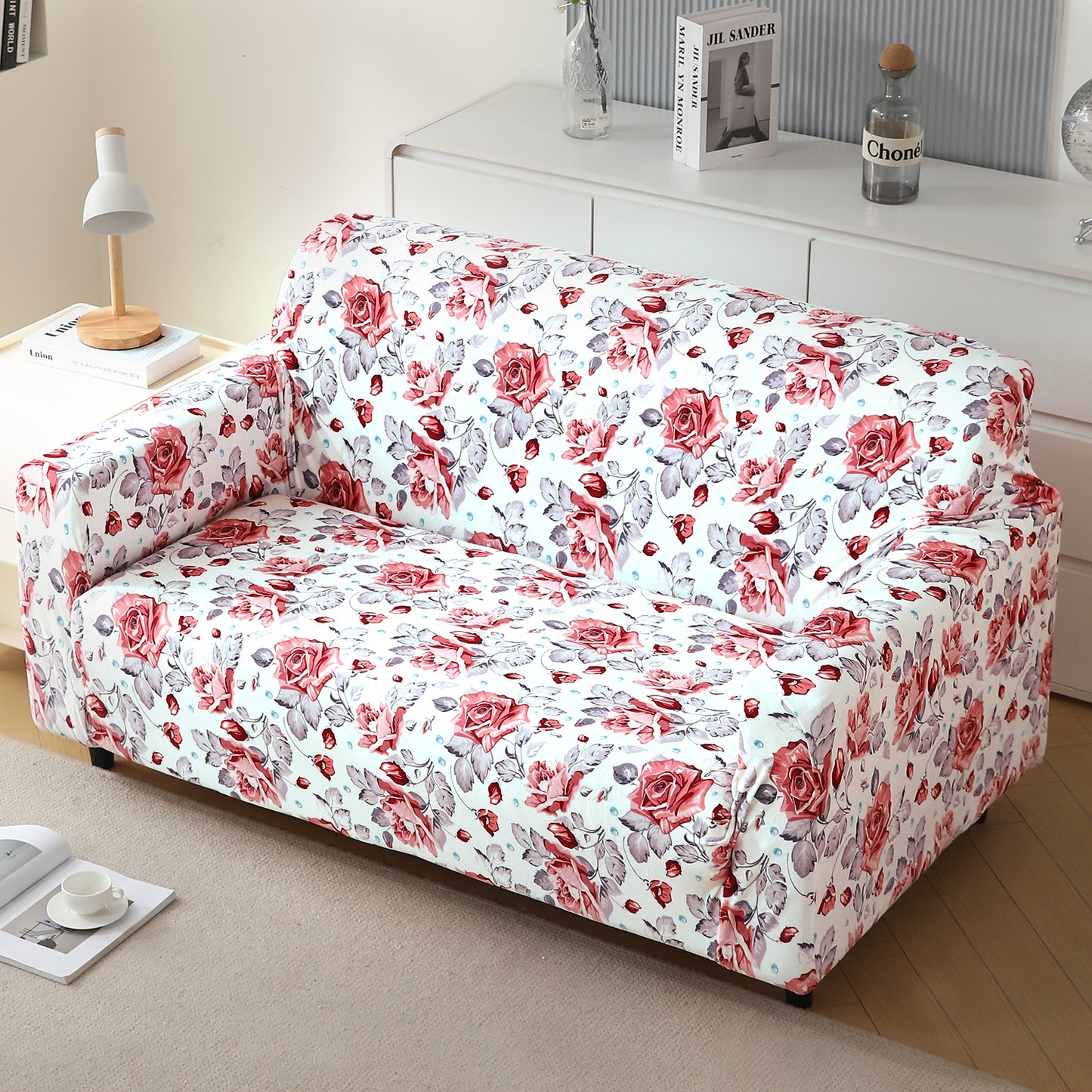 Premium Printed Velvet Sofa Cover 1/2/3 Seaters Fully Covered, Red Cottage Rose