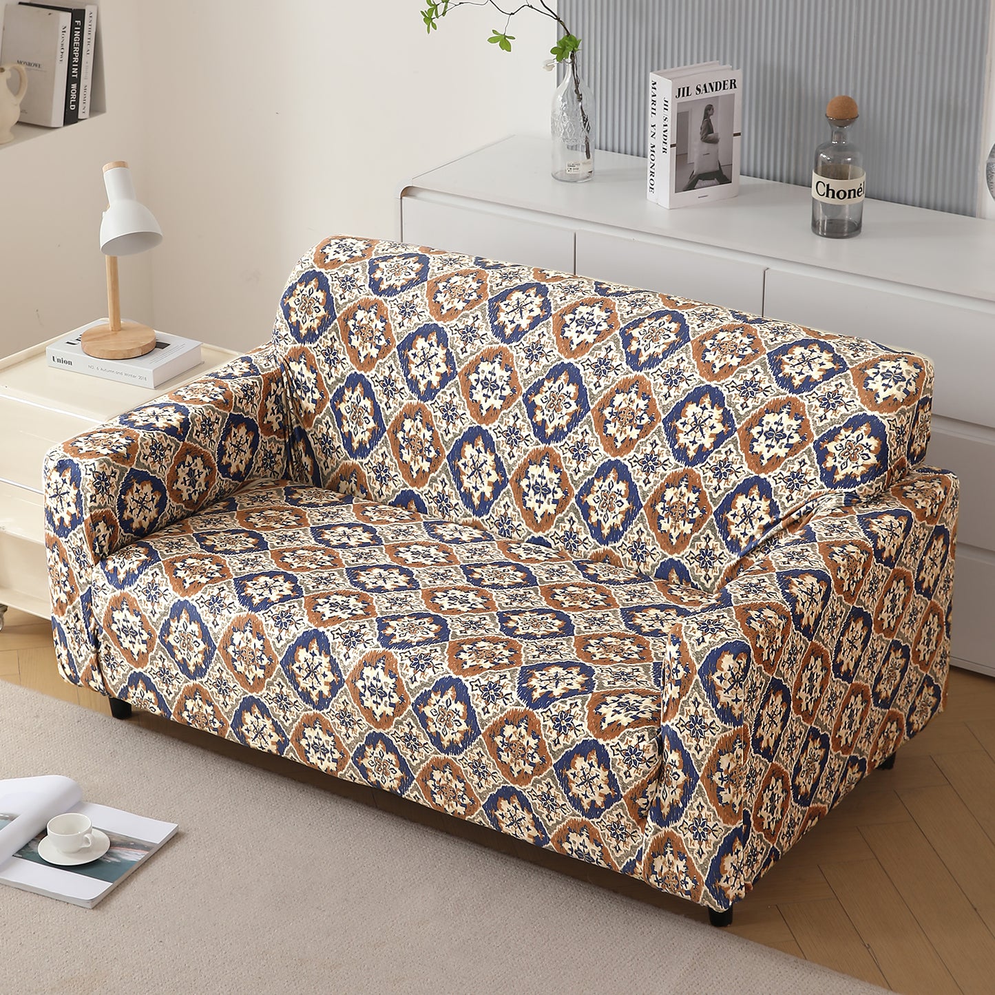 Premium Printed Velvet Sofa Cover 1/2/3 Seaters Fully Covered, Indigo Moroccan Charm