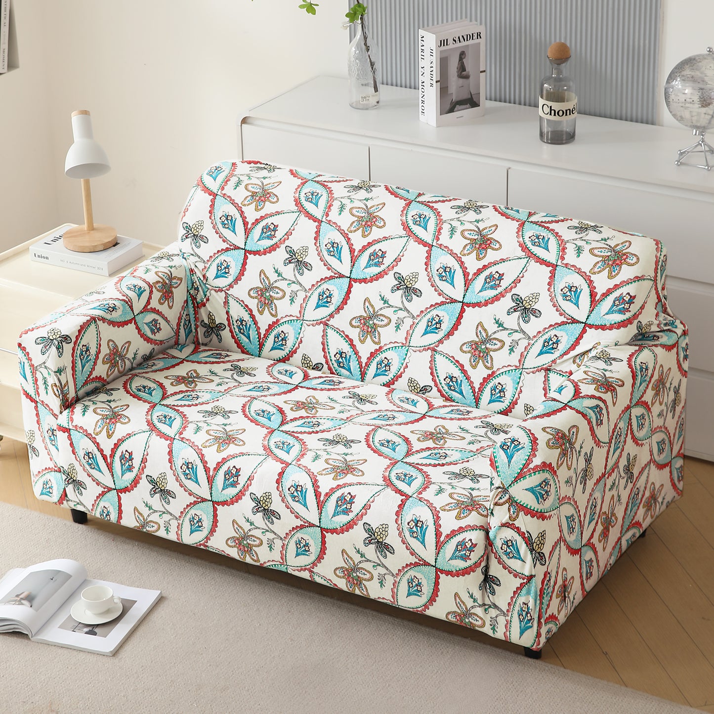 Premium Printed Velvet Sofa Cover 1/2/3 Seaters Fully Covered, Beige Persian Garden