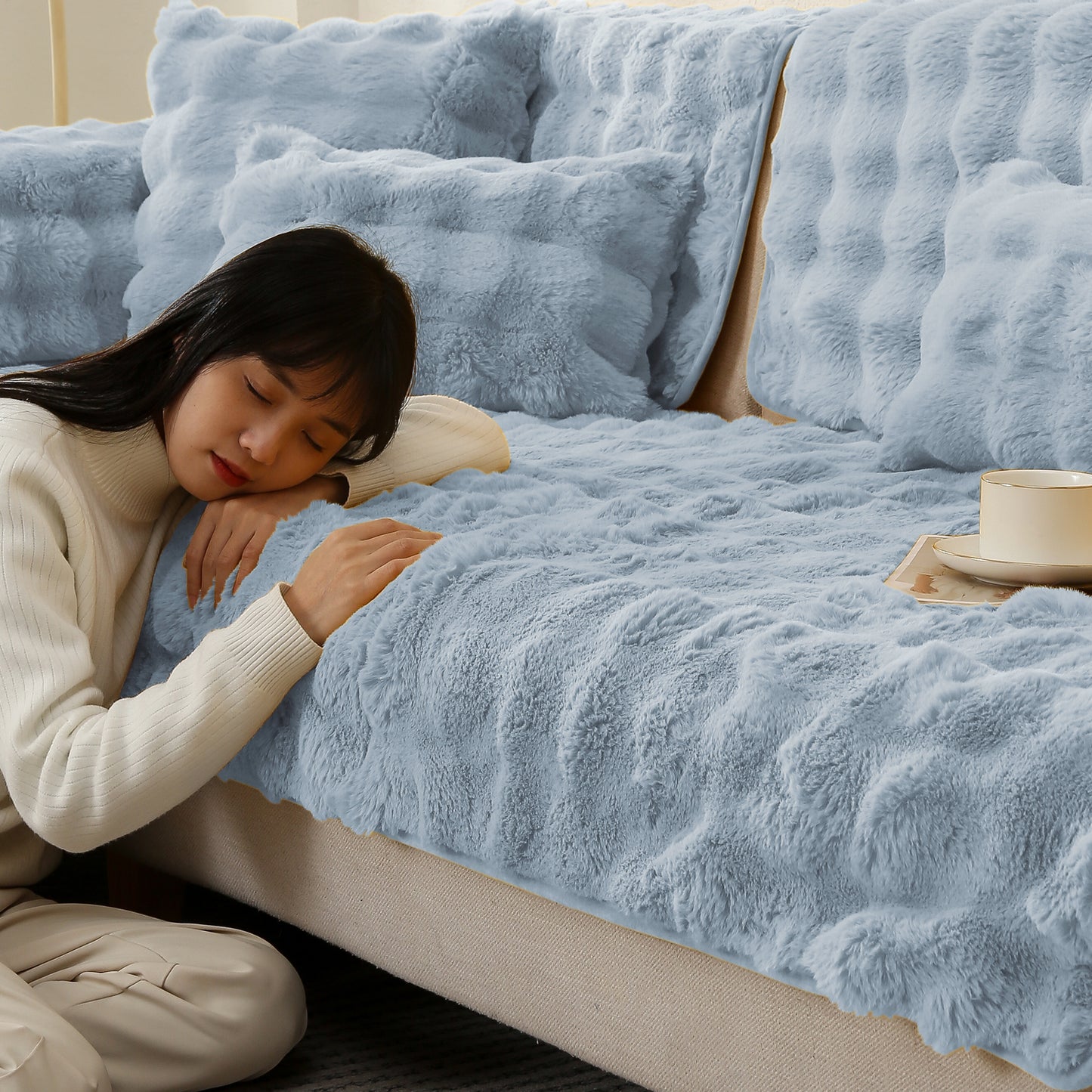 Premium Faux Rabbit Fur Anti Slip Sofa Mat for 1/2/3 Seater, Charm Blue
