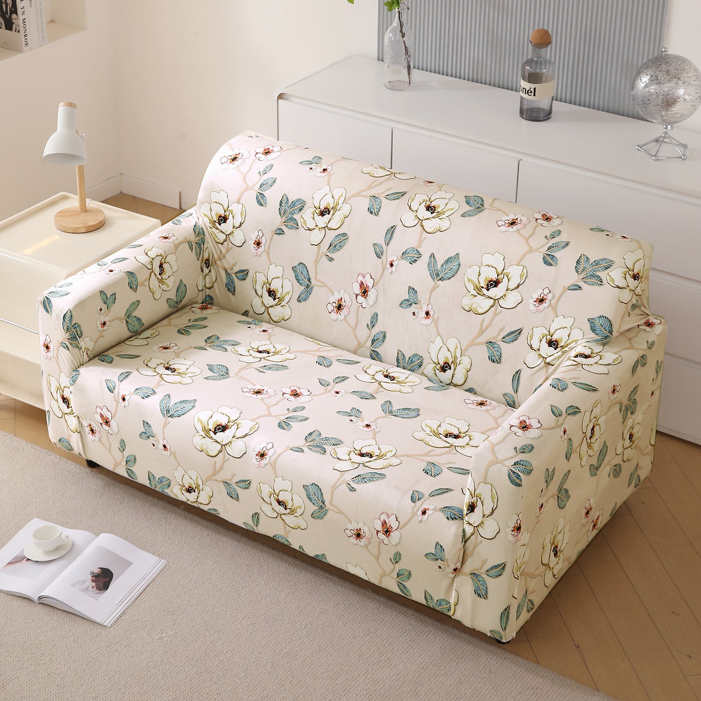 Premium Printed Velvet Sofa Cover 1/2/3 Seaters Fully Covered, Buttercream Magnolia Whisper