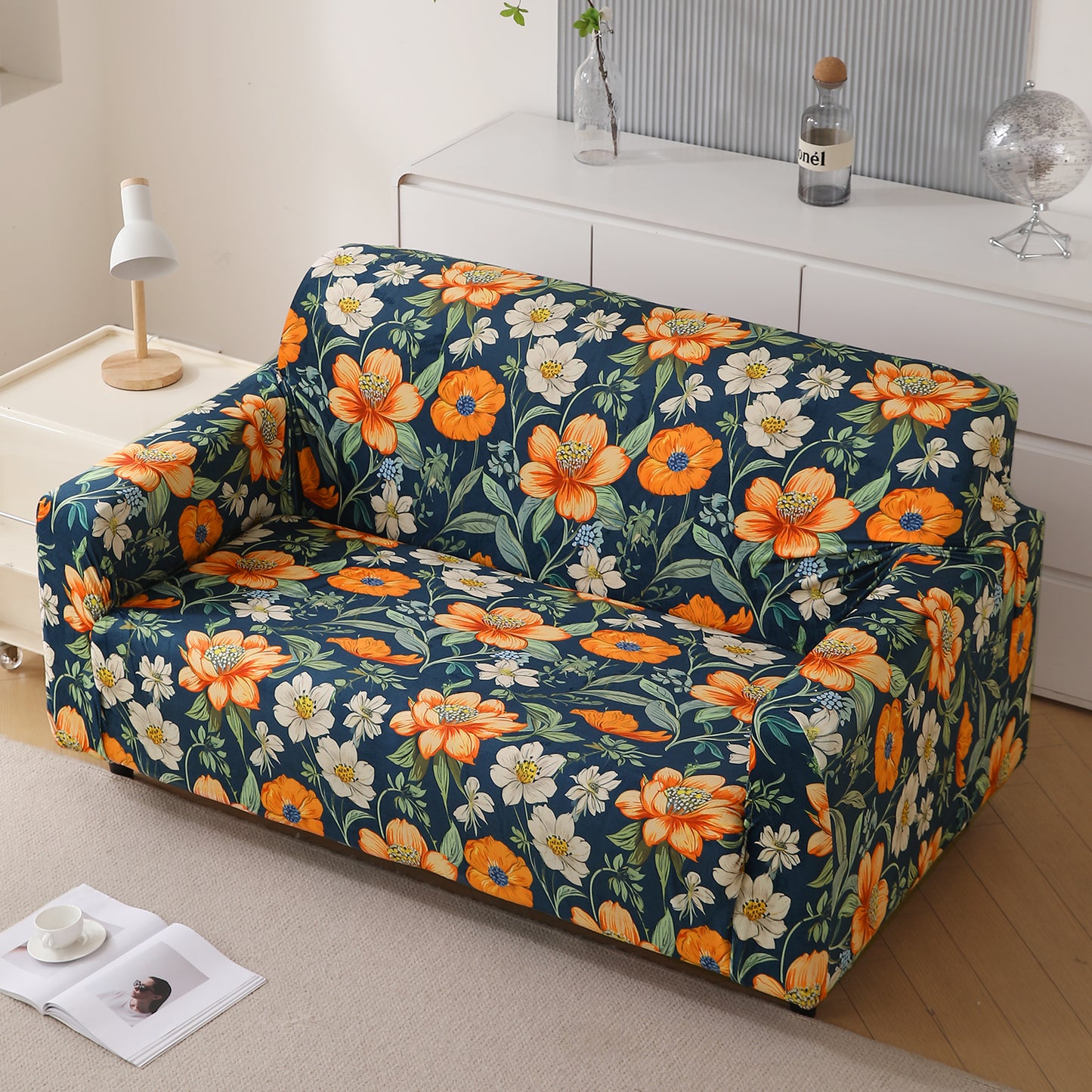 Premium Printed Velvet Sofa Cover 1/2/3 Seaters Fully Covered, Teal Twilight Garden