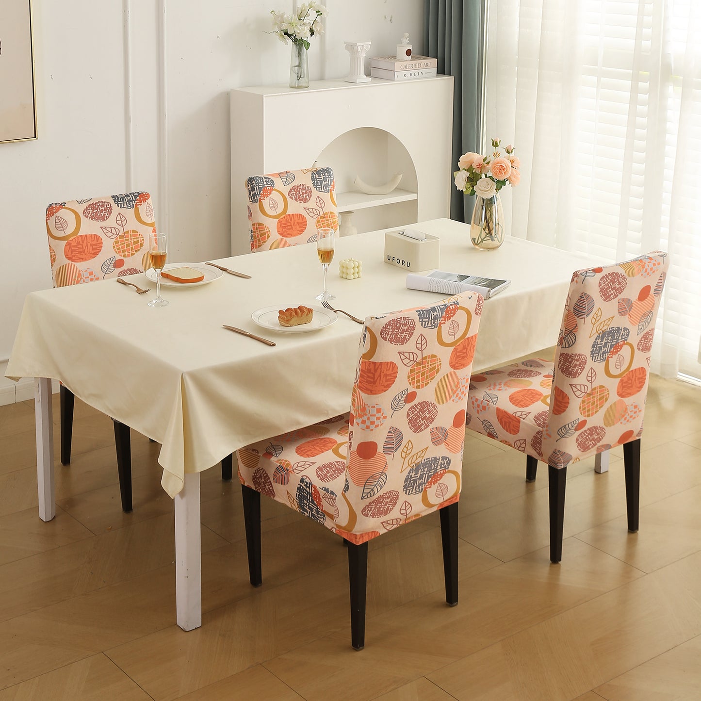 Premium Printed Velvet Dining Chair Cover Set, Coral Autumn Leaves
