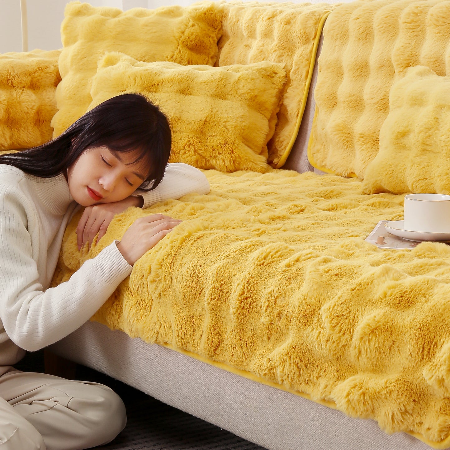 Premium Faux Rabbit Fur Anti Slip Sofa Mat for 1/2/3 Seater, Honey Yellow