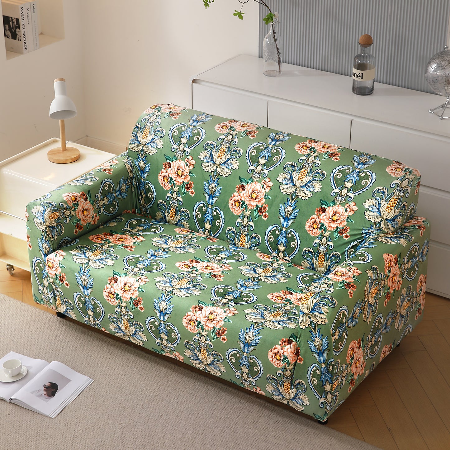 Premium Printed Velvet Sofa Cover 1/2/3 Seaters Fully Covered, Green Victorian Garden