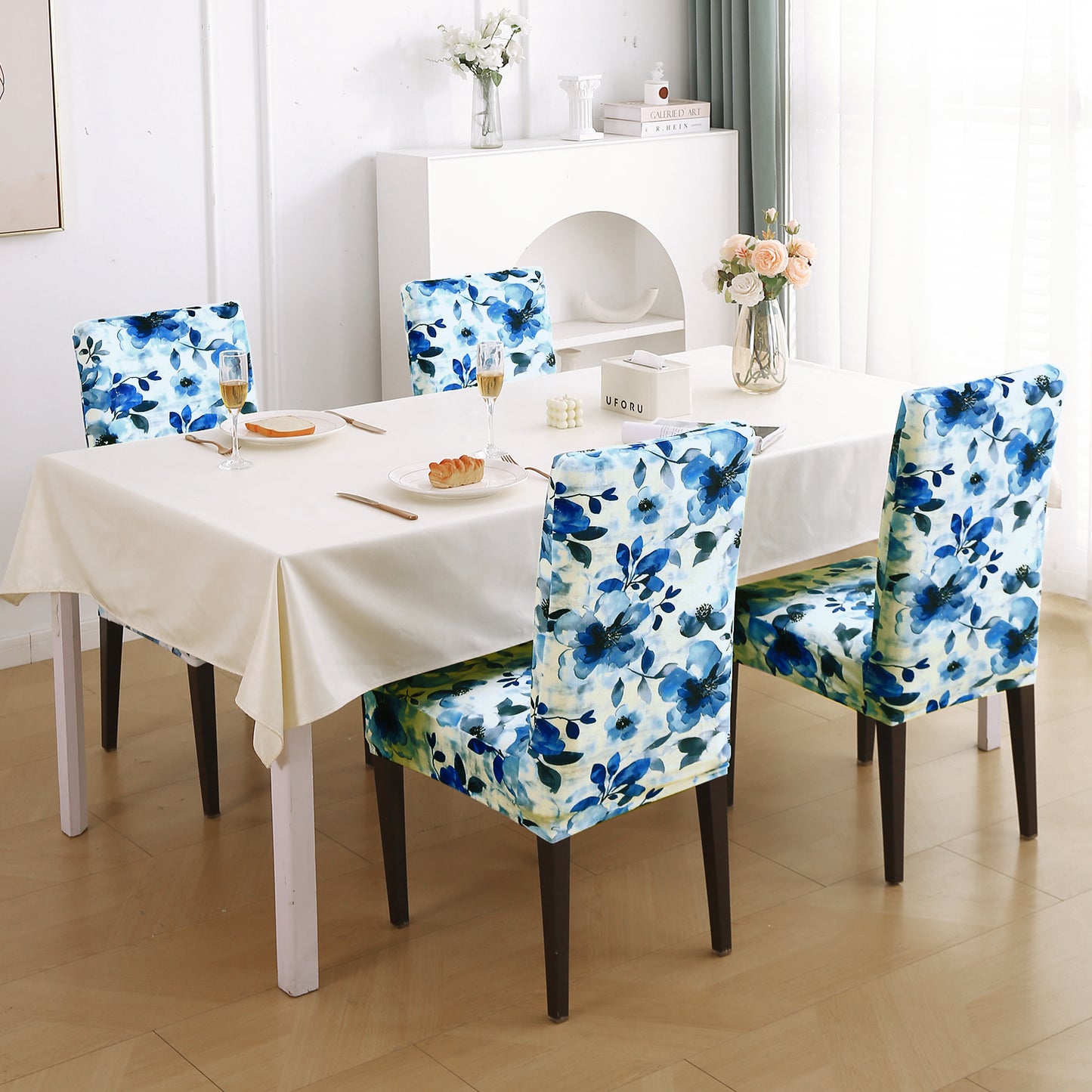 Premium Printed Velvet Dining Chair Cover Set, Blue Azure Botanical