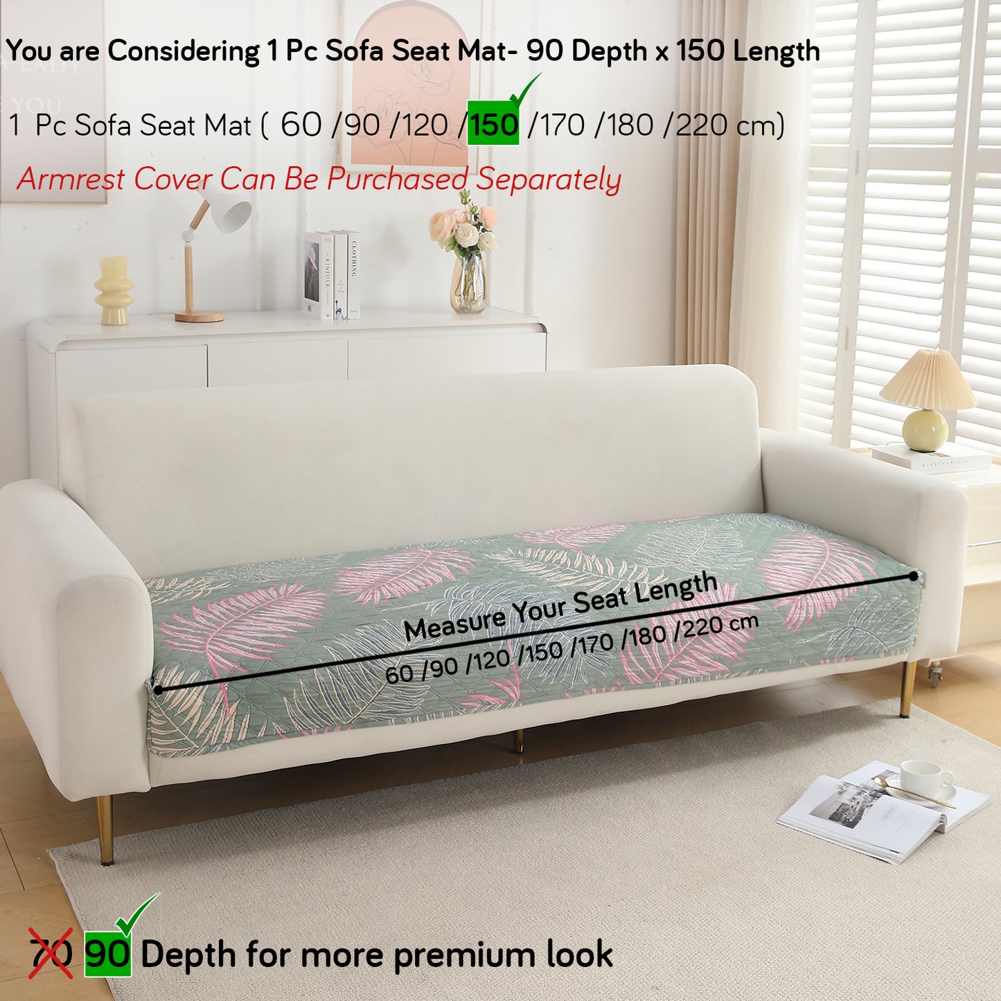 Polyester Printed Quilted Sofa Cover Mats, Tropical Leaves Pastel Green