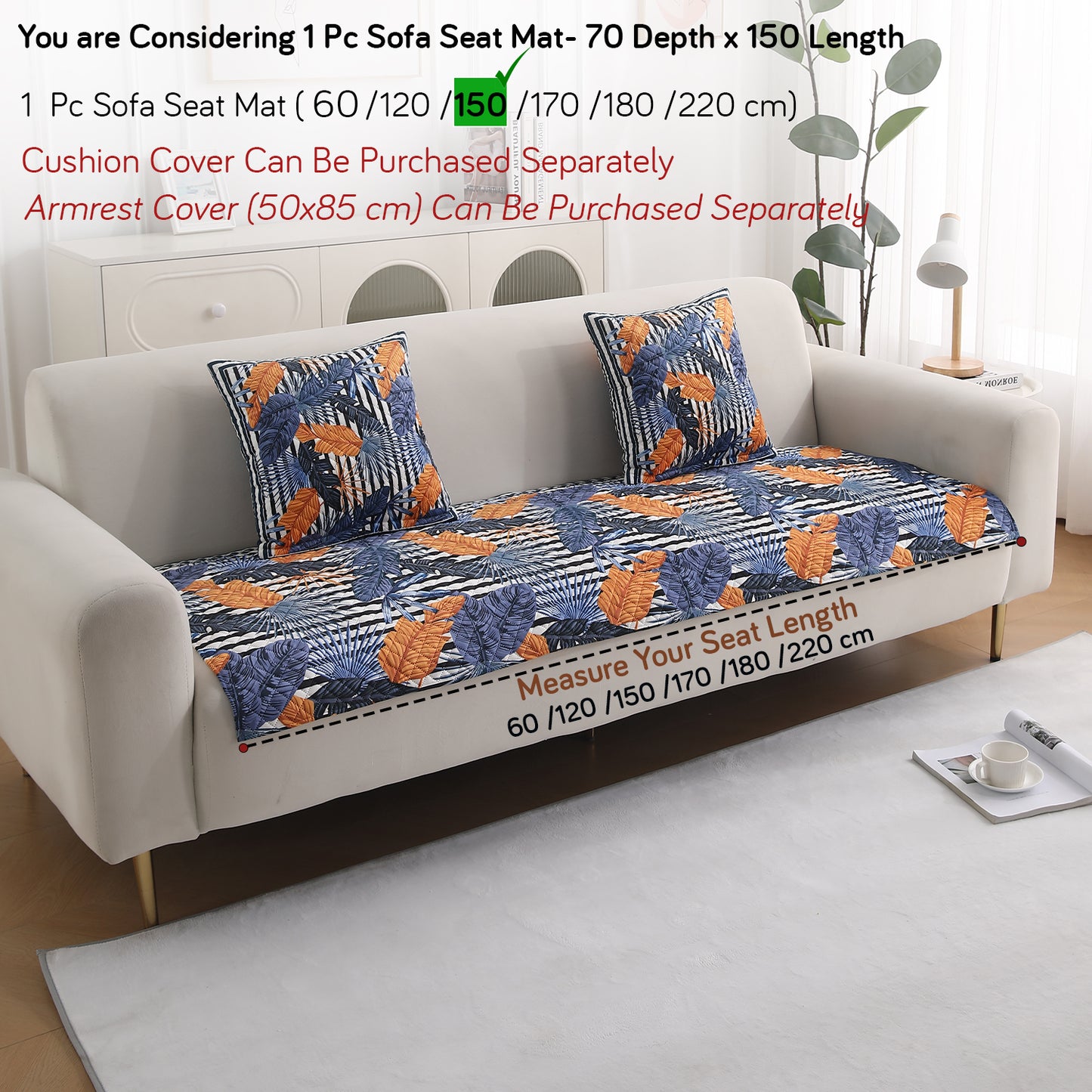 LiefNest Holland Velvet Sofa Cover Mat with Foam Filling - Tropical Leaves Dusk Blue