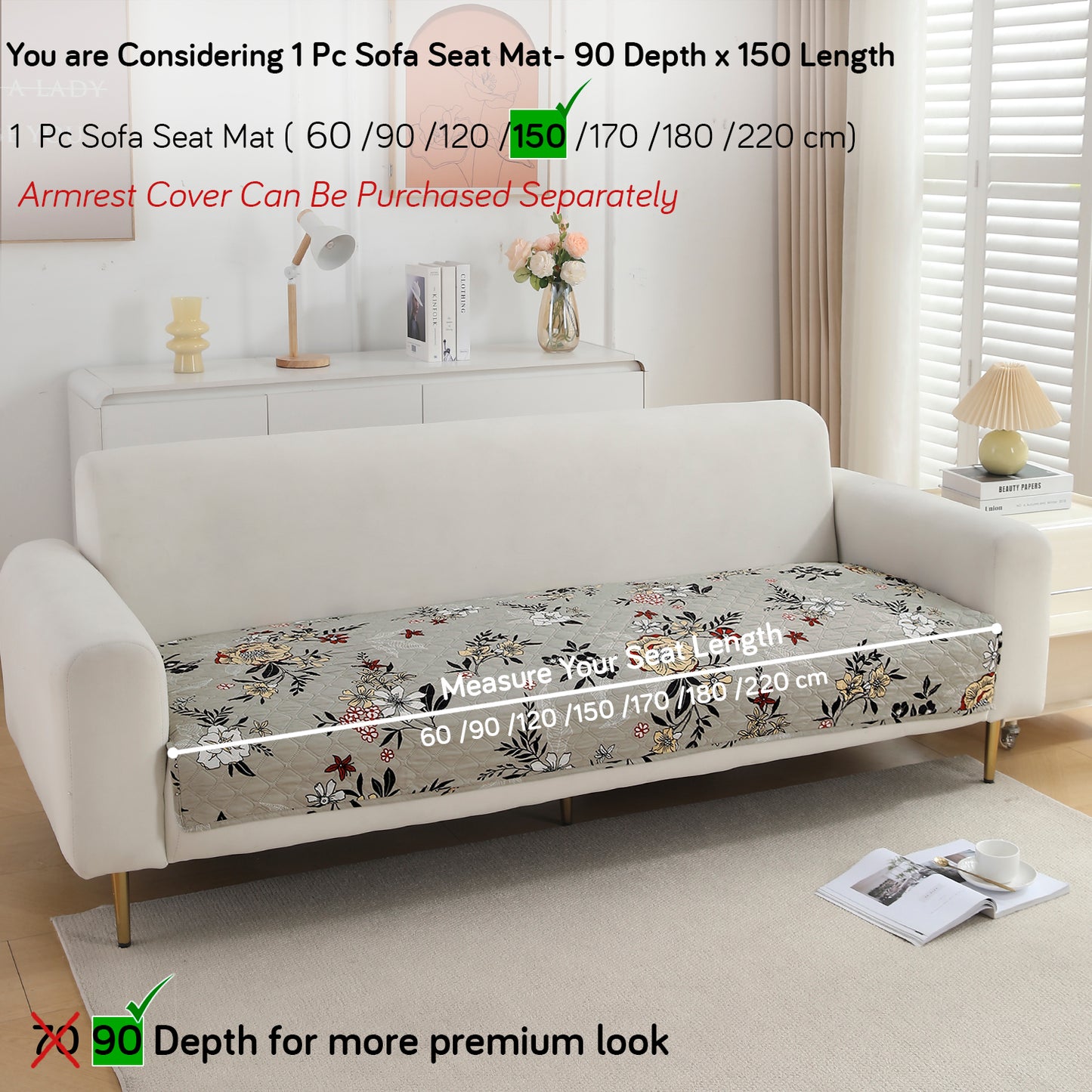 Polyester Printed Quilted Sofa Cover Mats, Floral Ash Grey