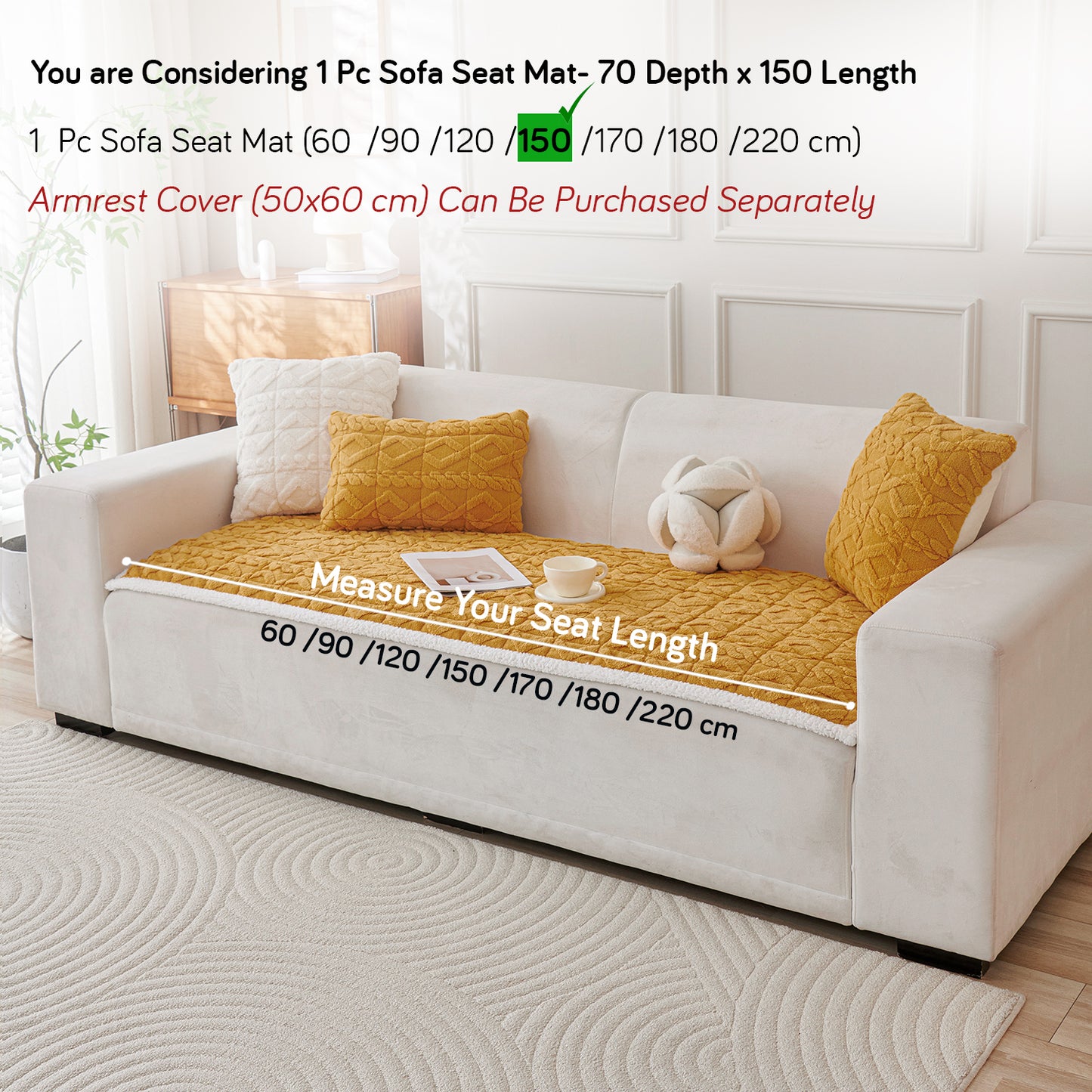 'Italian Caelora' Luxury Jacquard Plush Sofa Cover Mat and Anti-Slip Armrest Covers - Honey Yellow