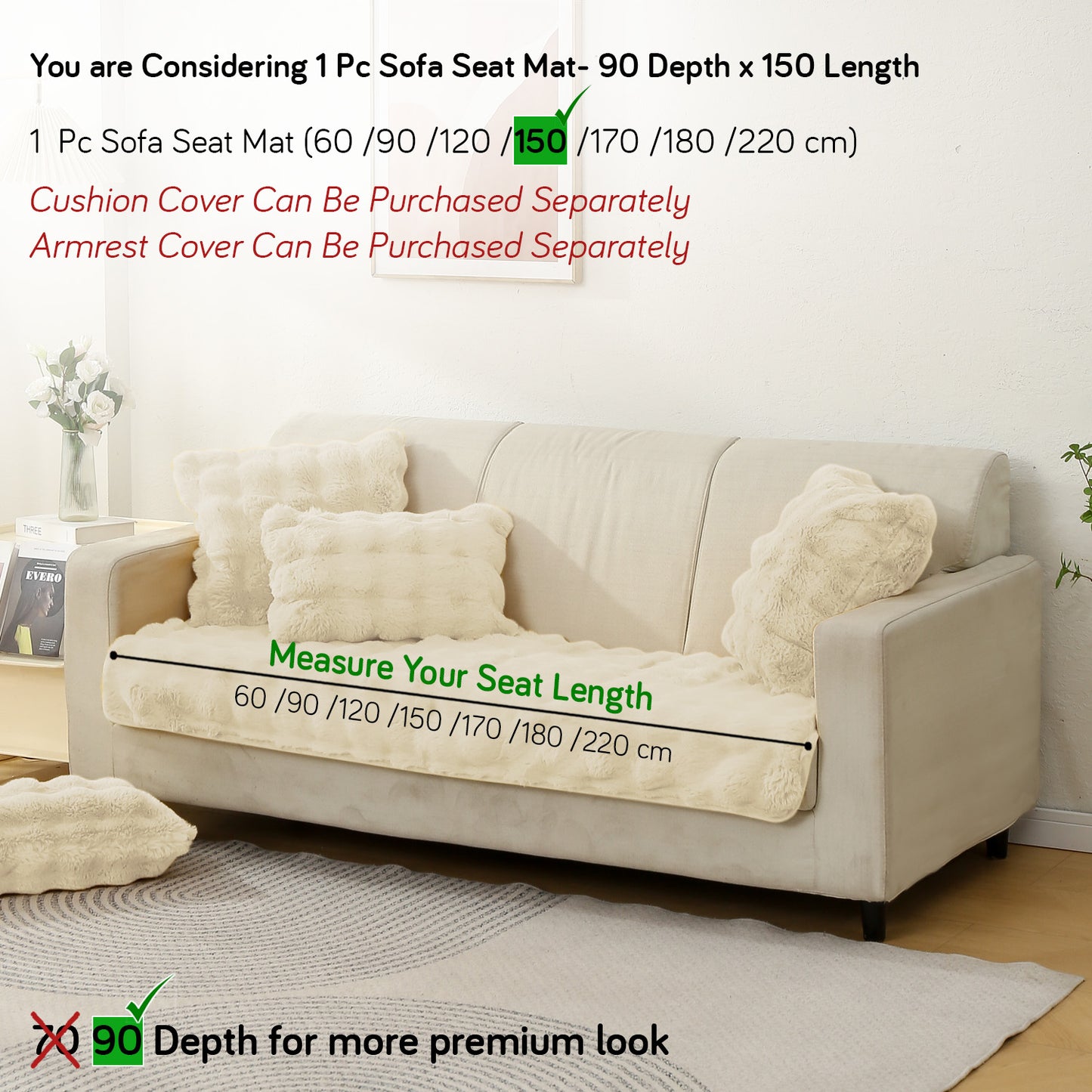Premium Faux Rabbit Fur Sofa Seat Mats, Beige