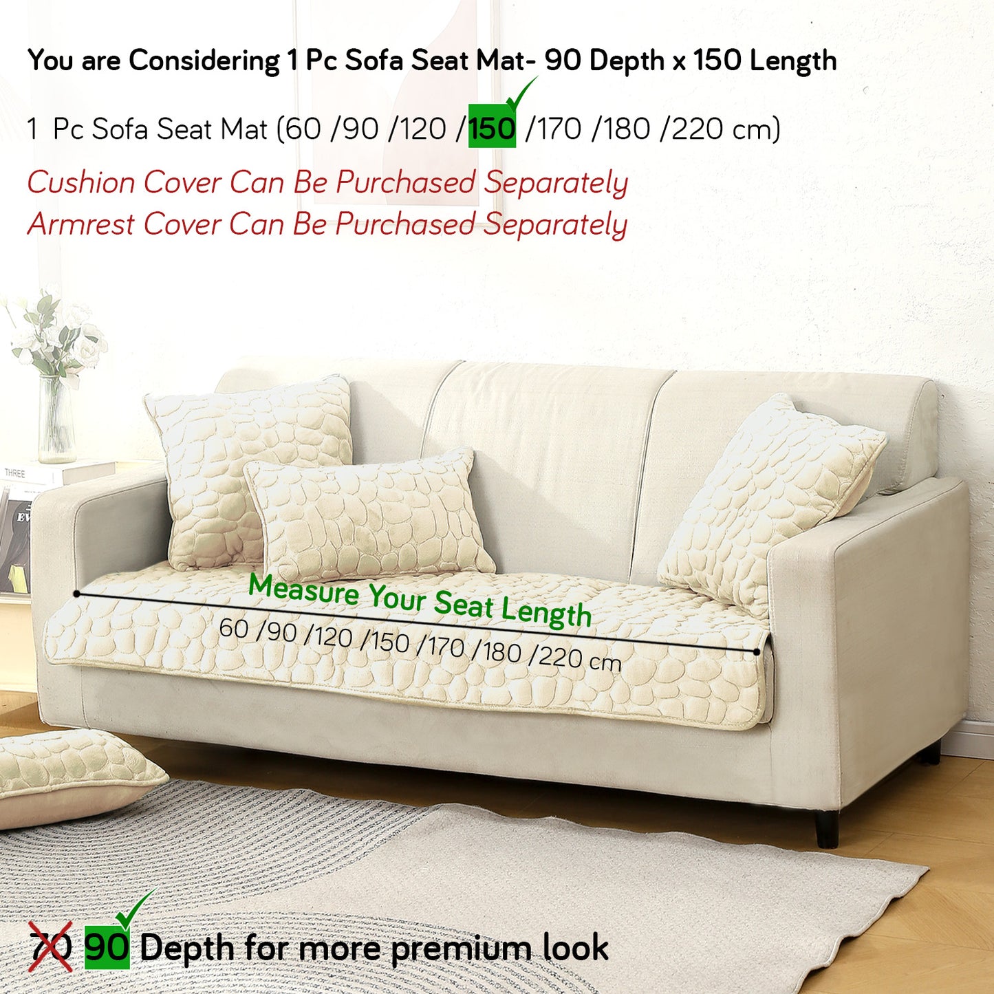 Premium Pebble Milk Velvet Anti Slip Sofa Mats, Bliss White