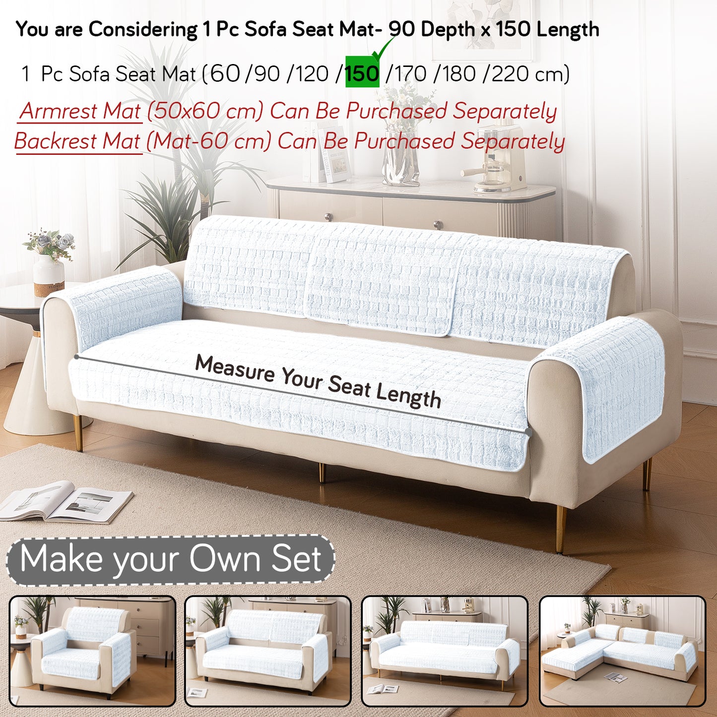 Premium Plush Anti Slip Sofa Cover Mat, White