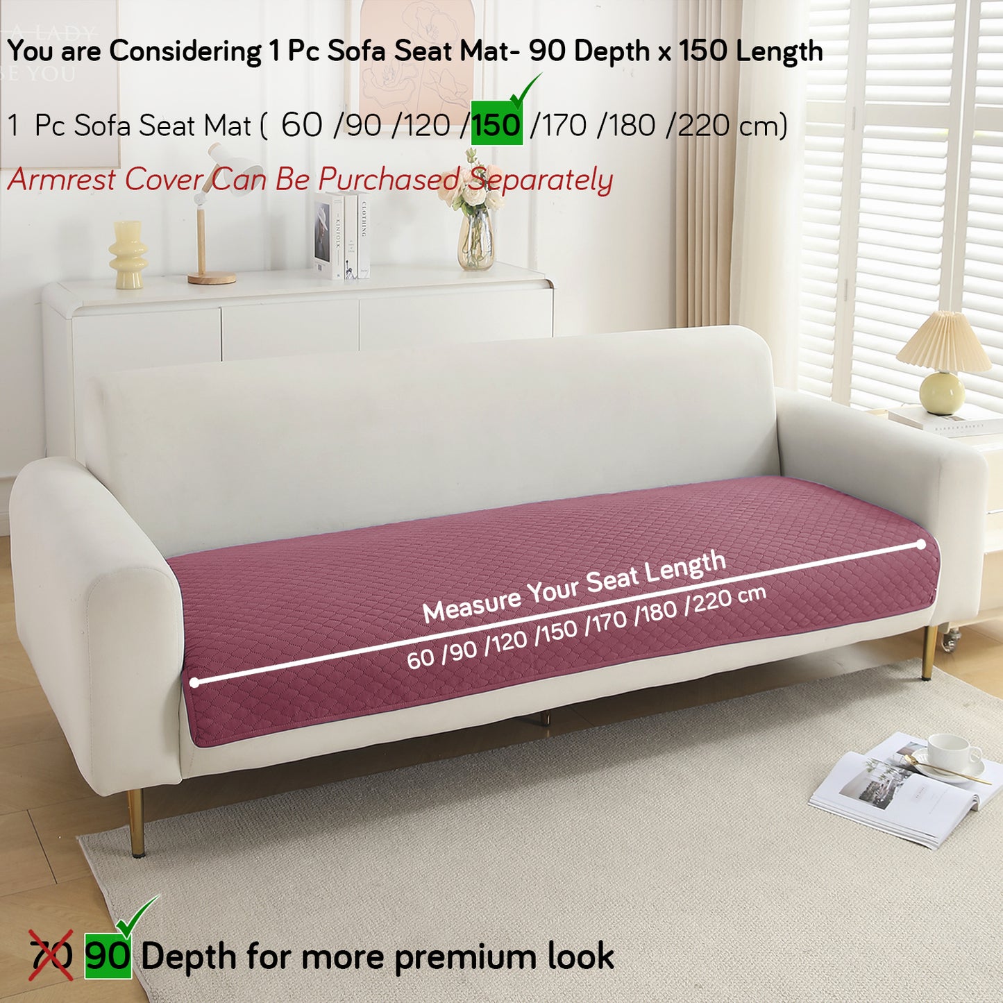 Polyester Quilted Sofa Cover Mats, Mauve Pink