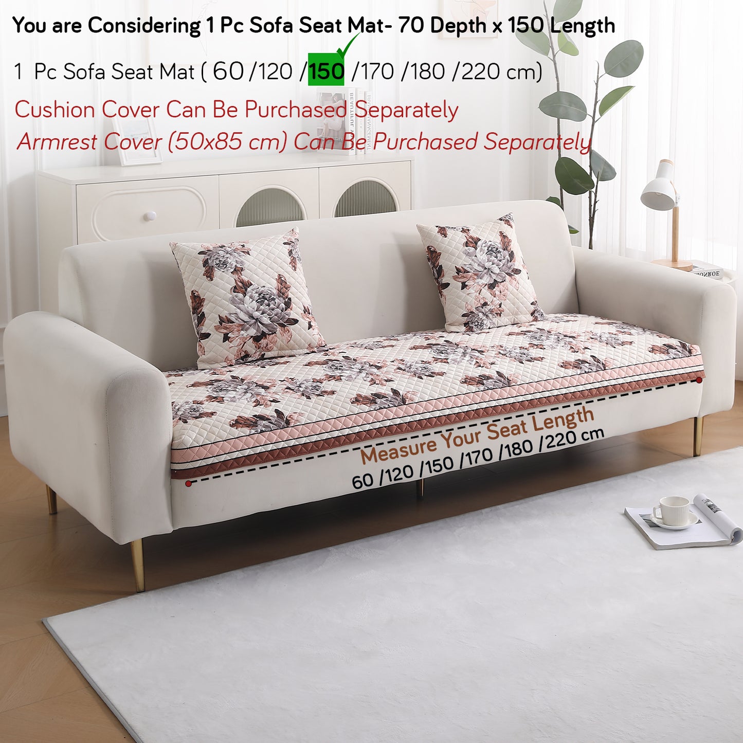 LiefNest Holland Velvet Sofa Cover Mat with Foam Filling - Chrysanthemum Bloom Soft Beige