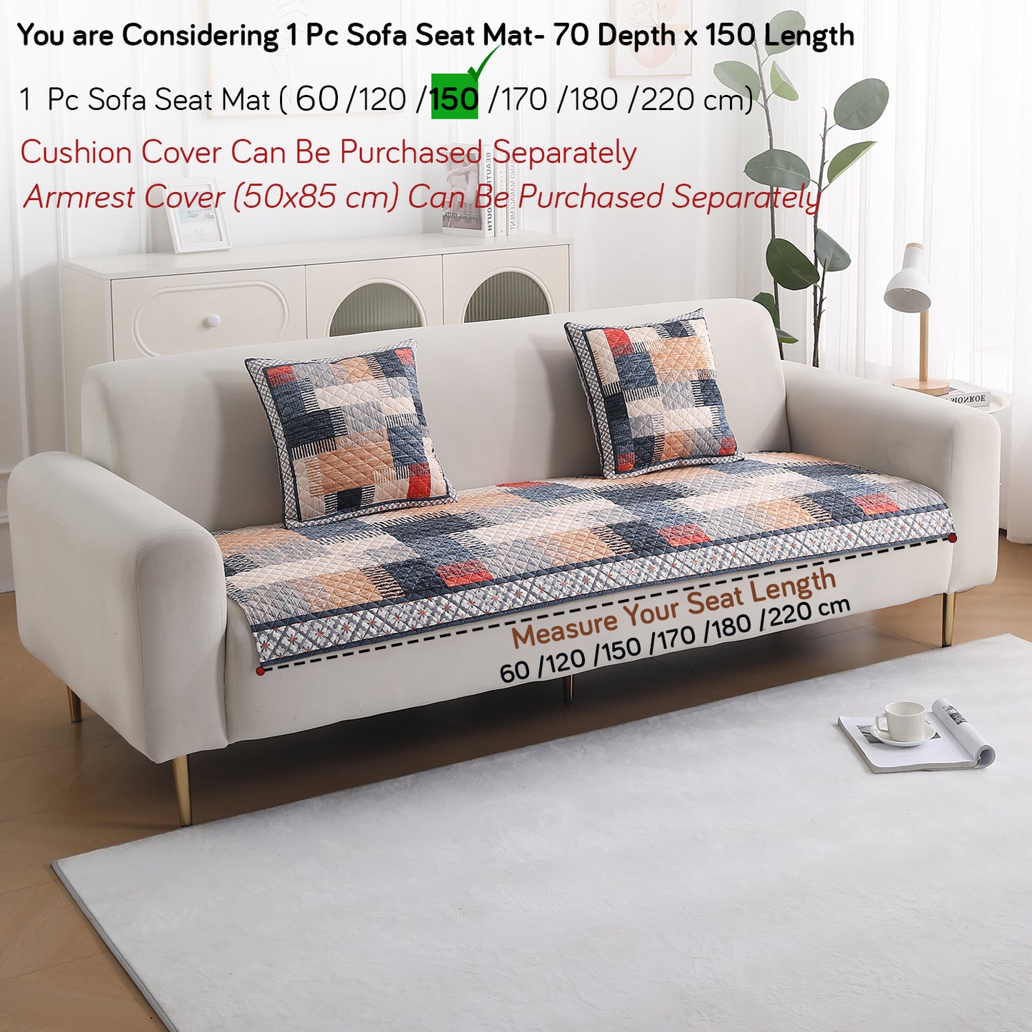 LiefNest Holland Velvet Sofa Cover Mat with Foam Filling - Urban Grid Multicolor