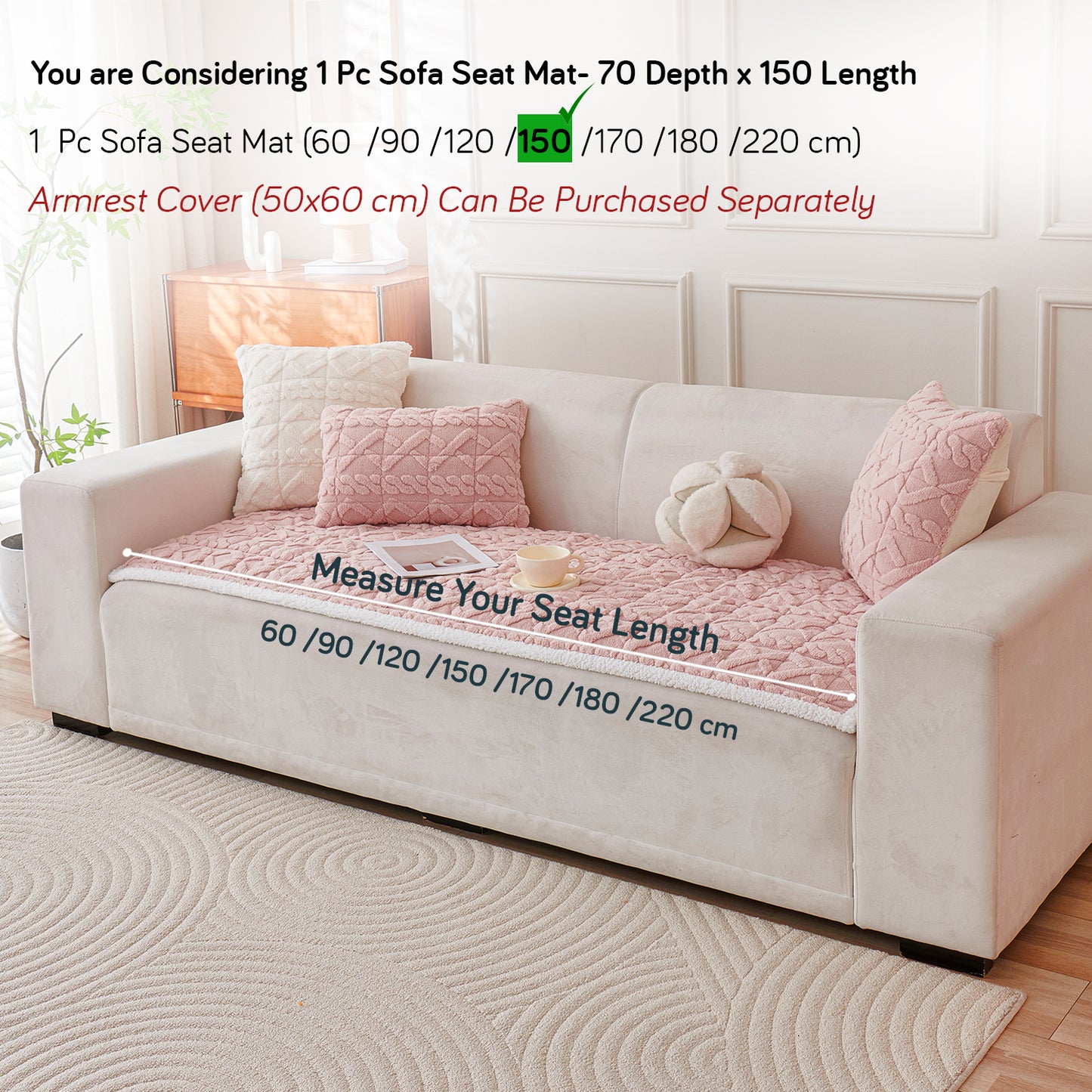 'Italian Caelora' Luxury Jacquard Plush Sofa Cover Mat and Anti-Slip Armrest Covers - Misty Rose