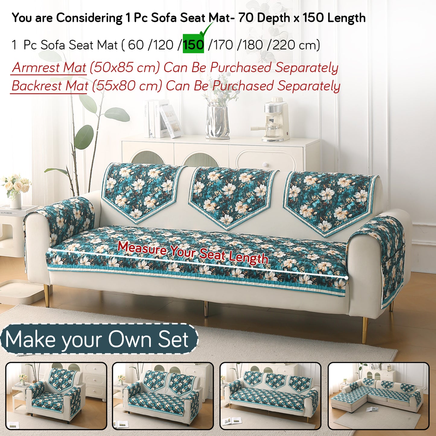 Florentina Series Premium Holland Velvet Sofa Cover Mat - Pansies Teal