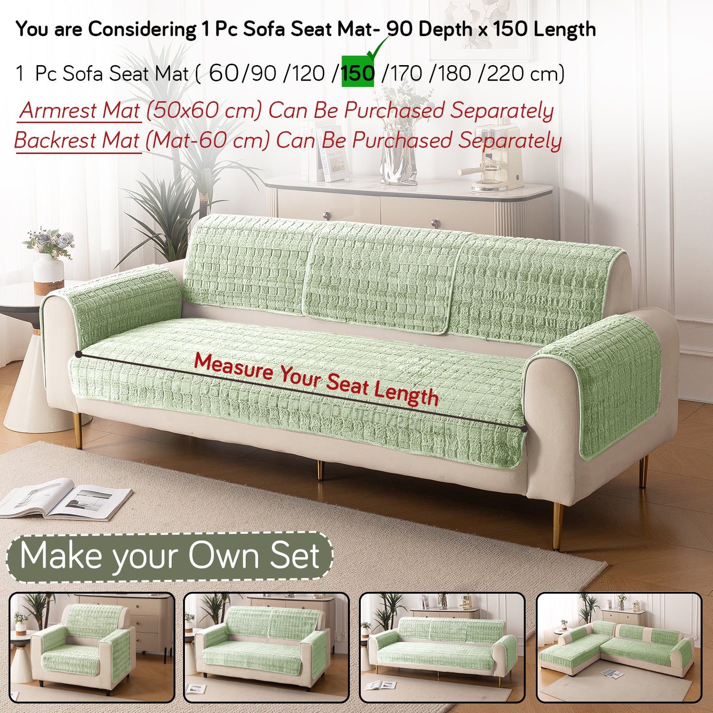 Premium Plush Anti Slip Sofa Cover Mat, Pastel Green