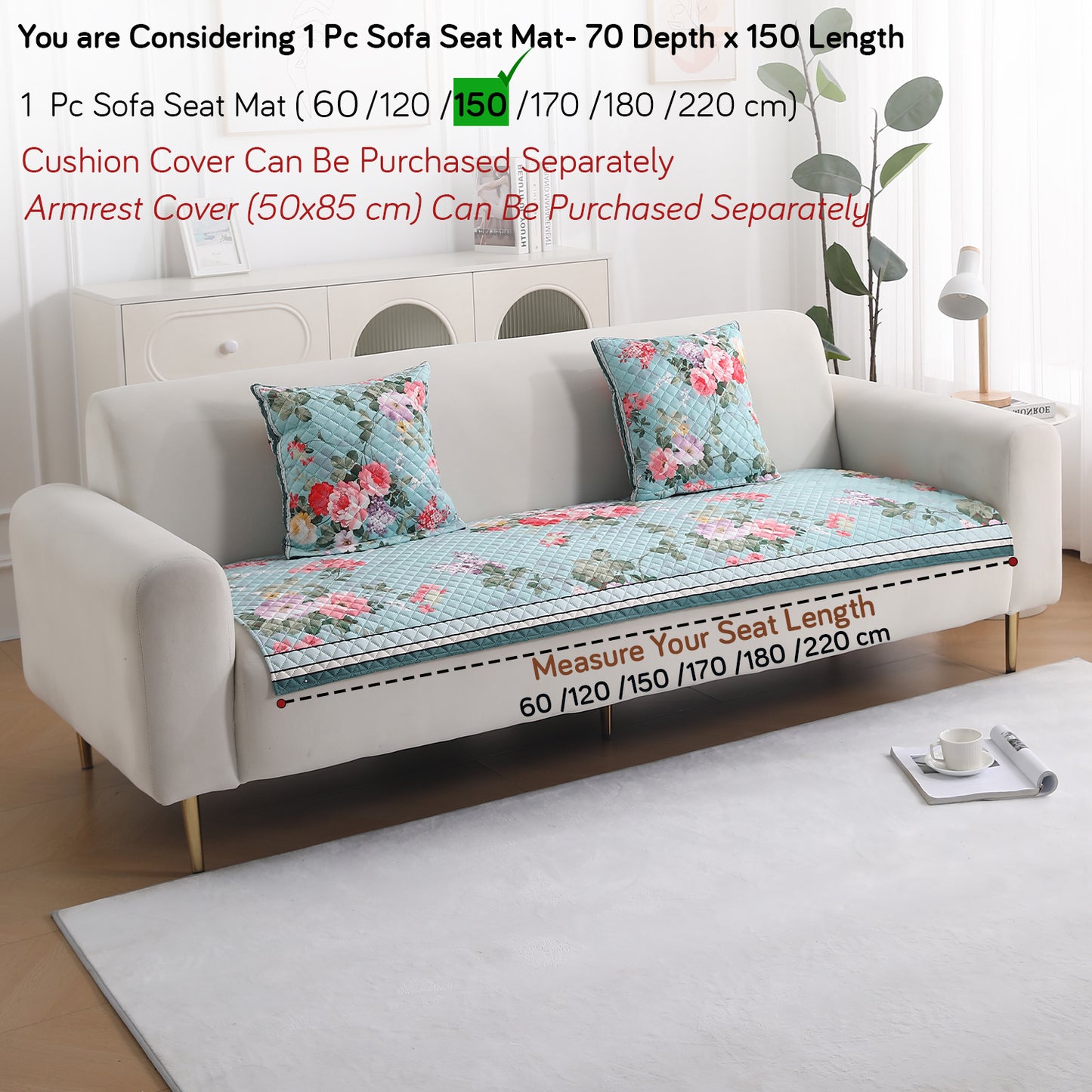 LiefNest Holland Velvet Sofa Cover Mat with Foam Filling - Fresh Floral Pastel Blue
