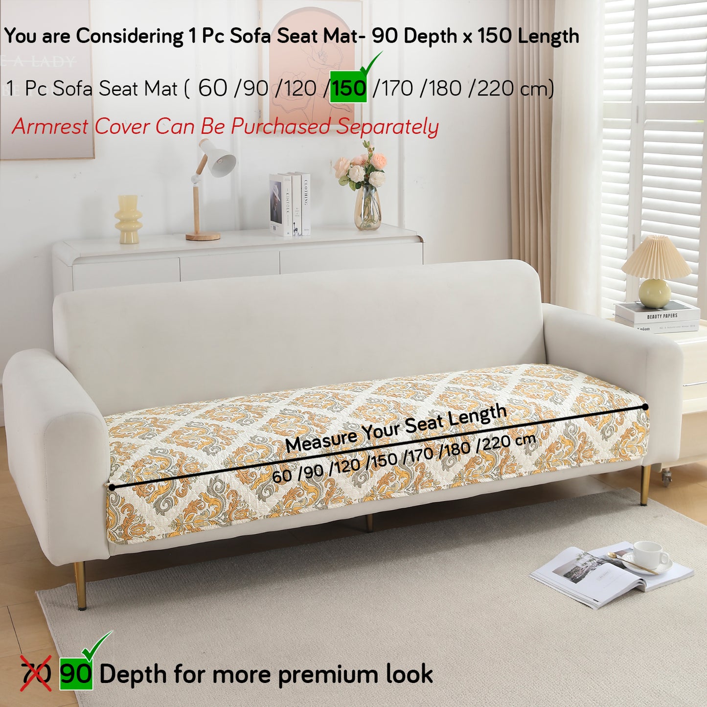 Polyester Printed Quilted Sofa Cover Mats, Damask Beige