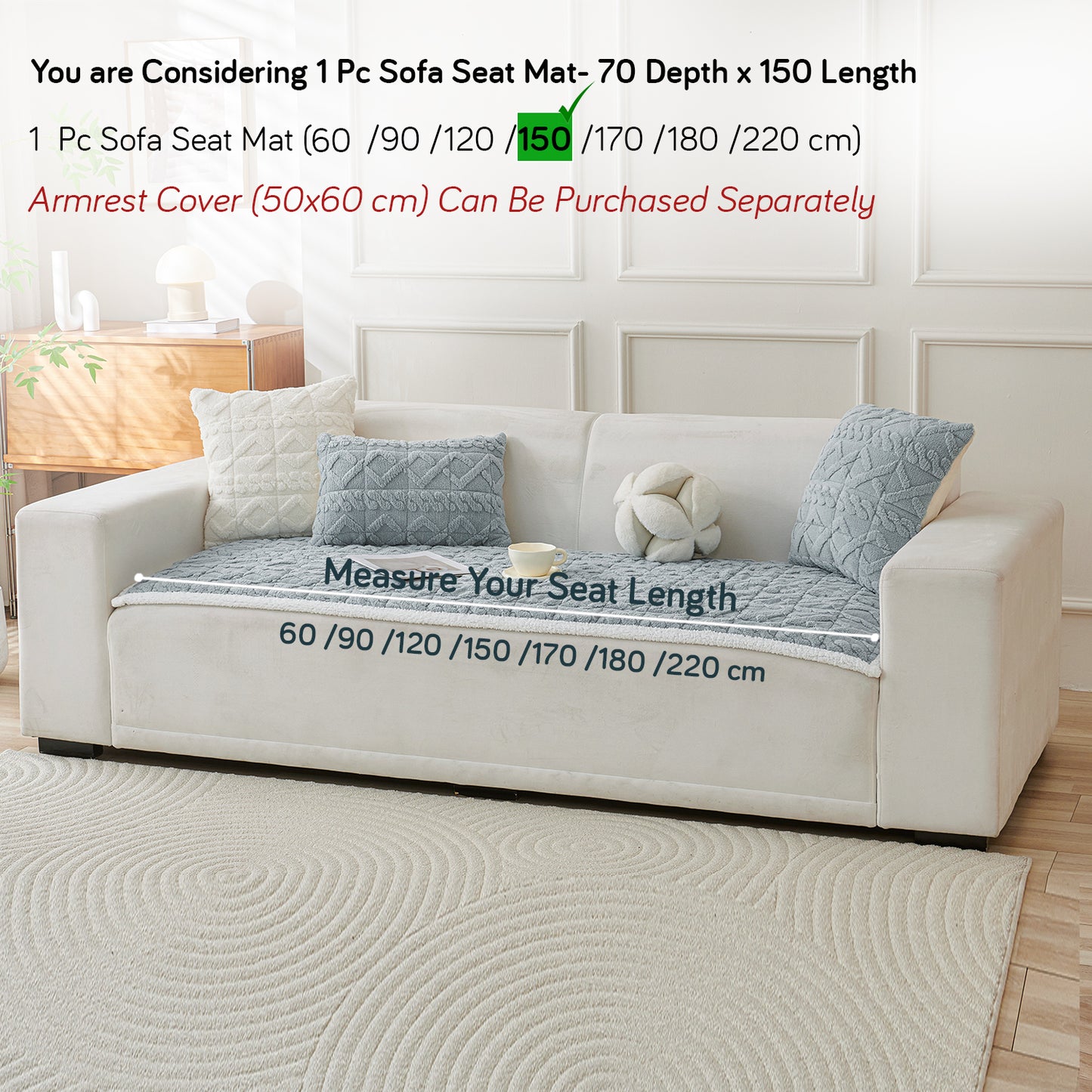 'Italian Caelora' Luxury Jacquard Plush Sofa Cover Mat and Anti-Slip Armrest Covers - Powder Blue